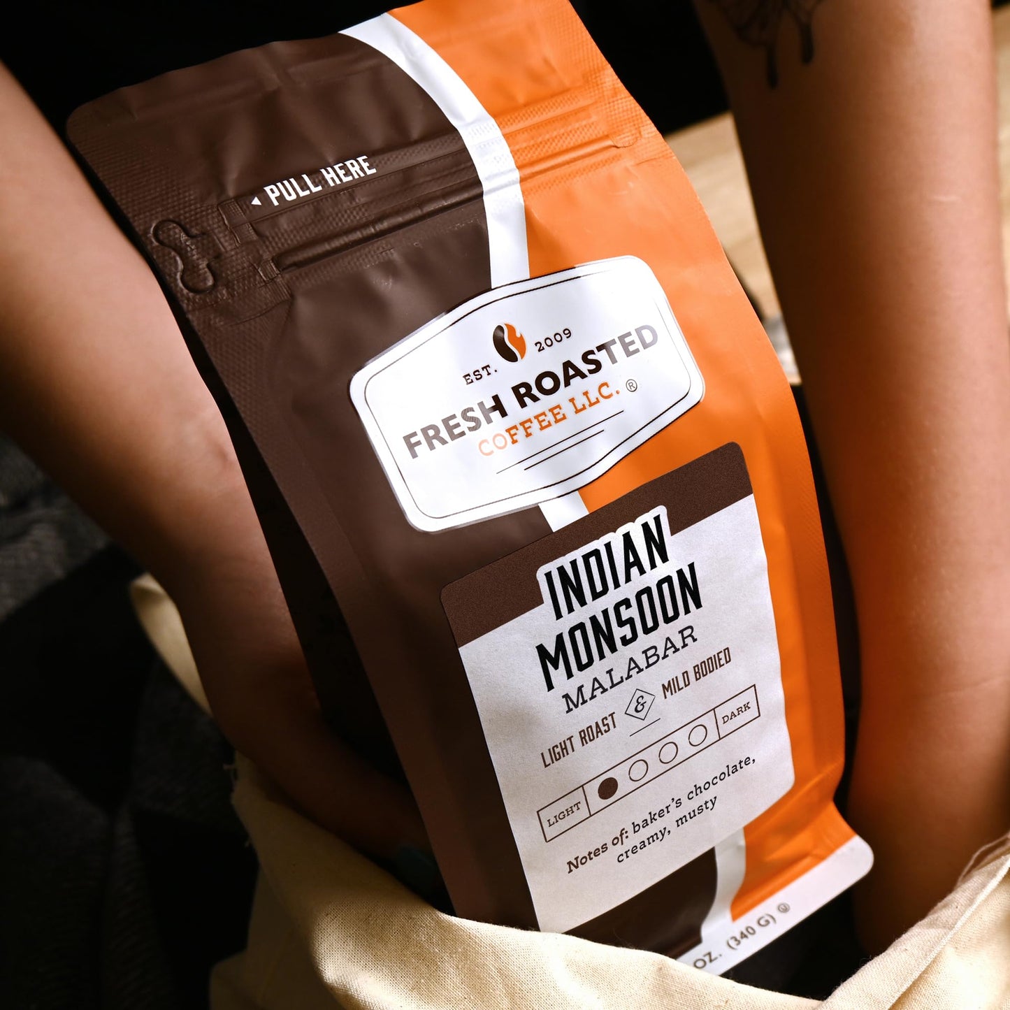 Fresh Roasted Coffee, Indian Monsoon Malabar, 12 Oz, Light Roast, Kosher, Ground