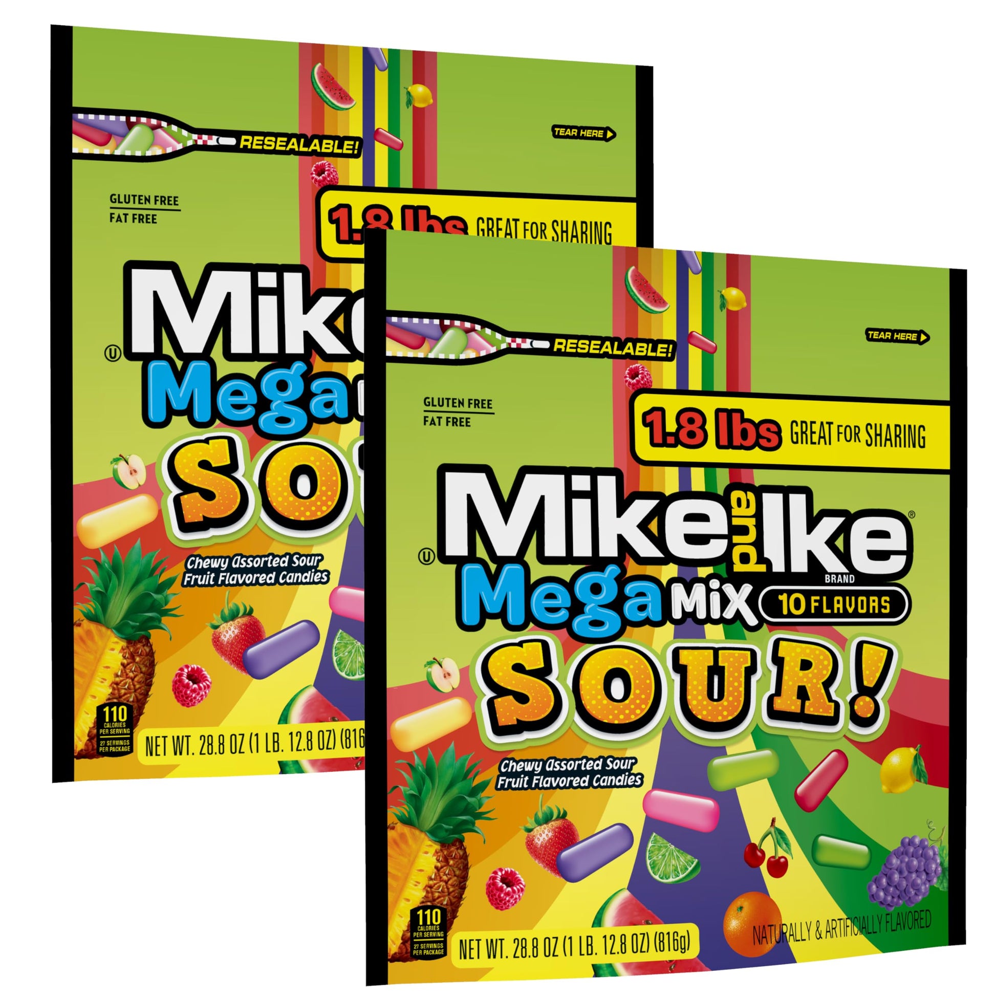 Mega Mix Sour Mike And Ike Candy, 28.8 Ounce Bag (Pack Of 2), Chewy Candy, Vending Machine Candy, Gummy Candy Mix, Sour Candy
