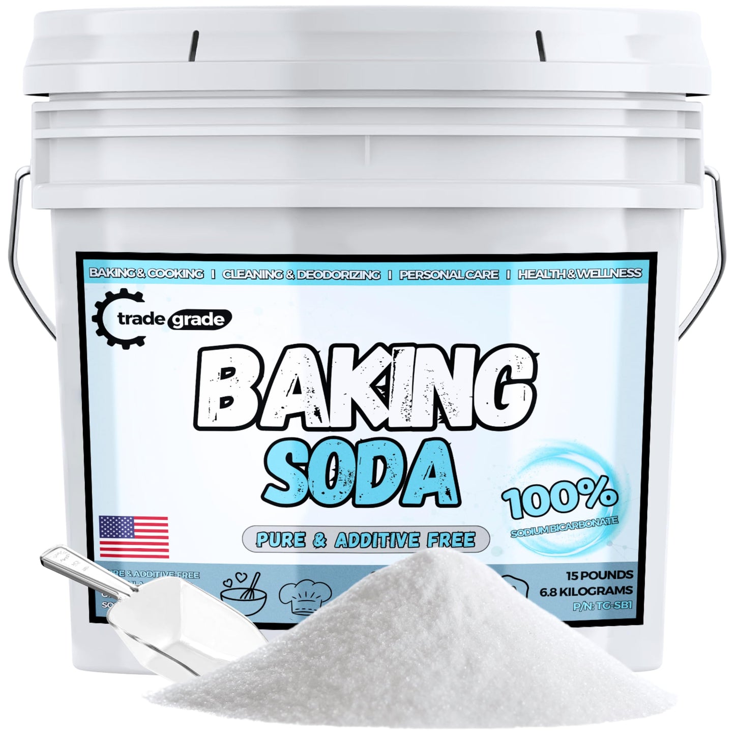 TradeGrade Pure Baking Soda Powder - 15 lb Bucket  Sodium Bicarbonate Powder | enhanced Food-Grade for Baking  Bread  Cookies & More | Baking Soda for Cleaning  Natural Cleaner & Deodorizer