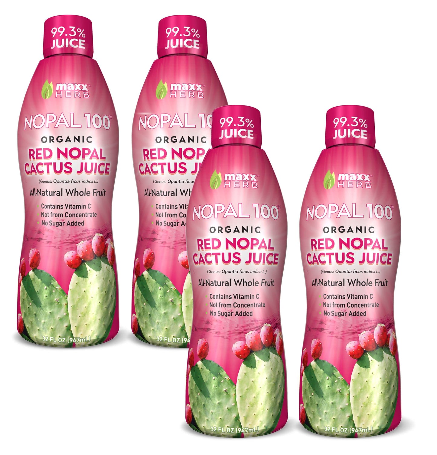 Maxx Herb Organic Red Nopal Cactus Juice - Vegan, Non-GMO, Gluten Free - 32 Oz Each, 4 Bottles