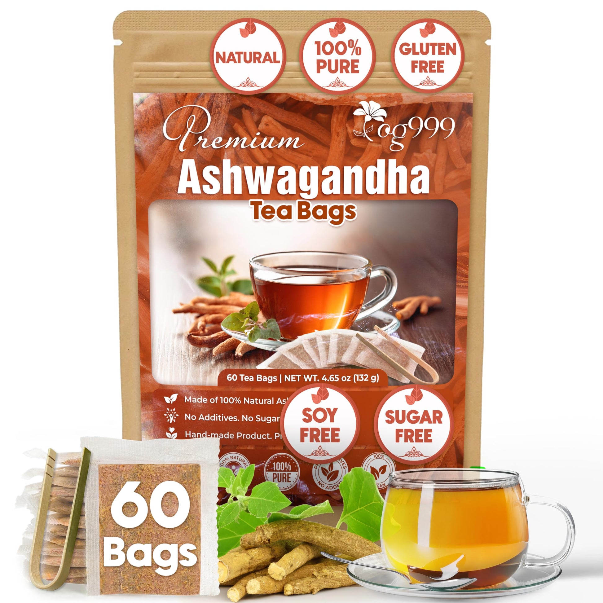 TOG999  enhanced 60 Ashwagandha Root Tea Bags  100% Natural & Pure  Ashwagandha Root Herbal Tea. No Sugar  No Caffeine  No Gluten  Vegan.