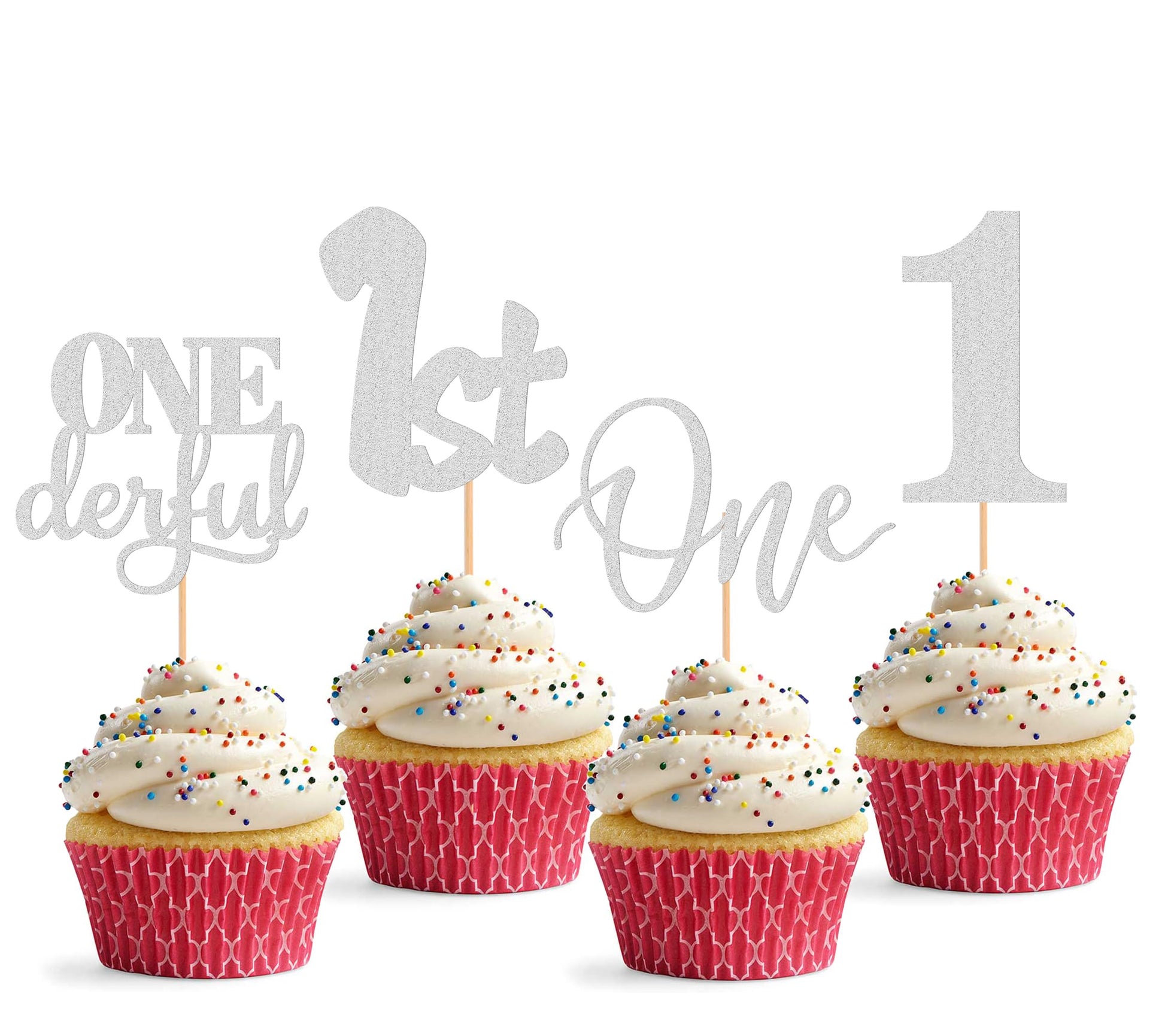 24Pack First Birthday Cupcake Topper - Glitter Silver One Cupcake Picks,1st Birthday Cupcake Decorations Supplies (Silver)