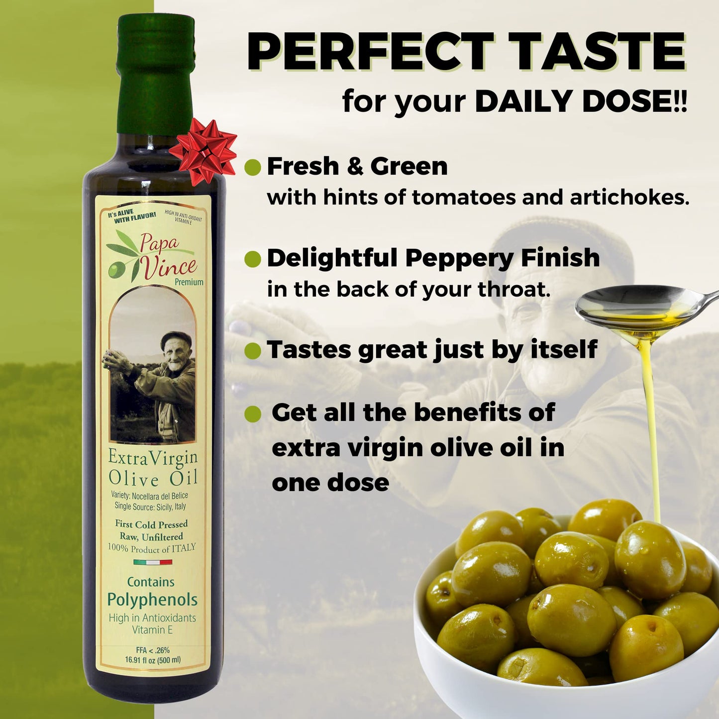 Papa Vince Extra Virgin Olive Oil - Hydroxytyrosol, Polyphenol-Rich, 16.91 Fl Oz, First Cold Pressed, Single Estate, Sicily, Italy
