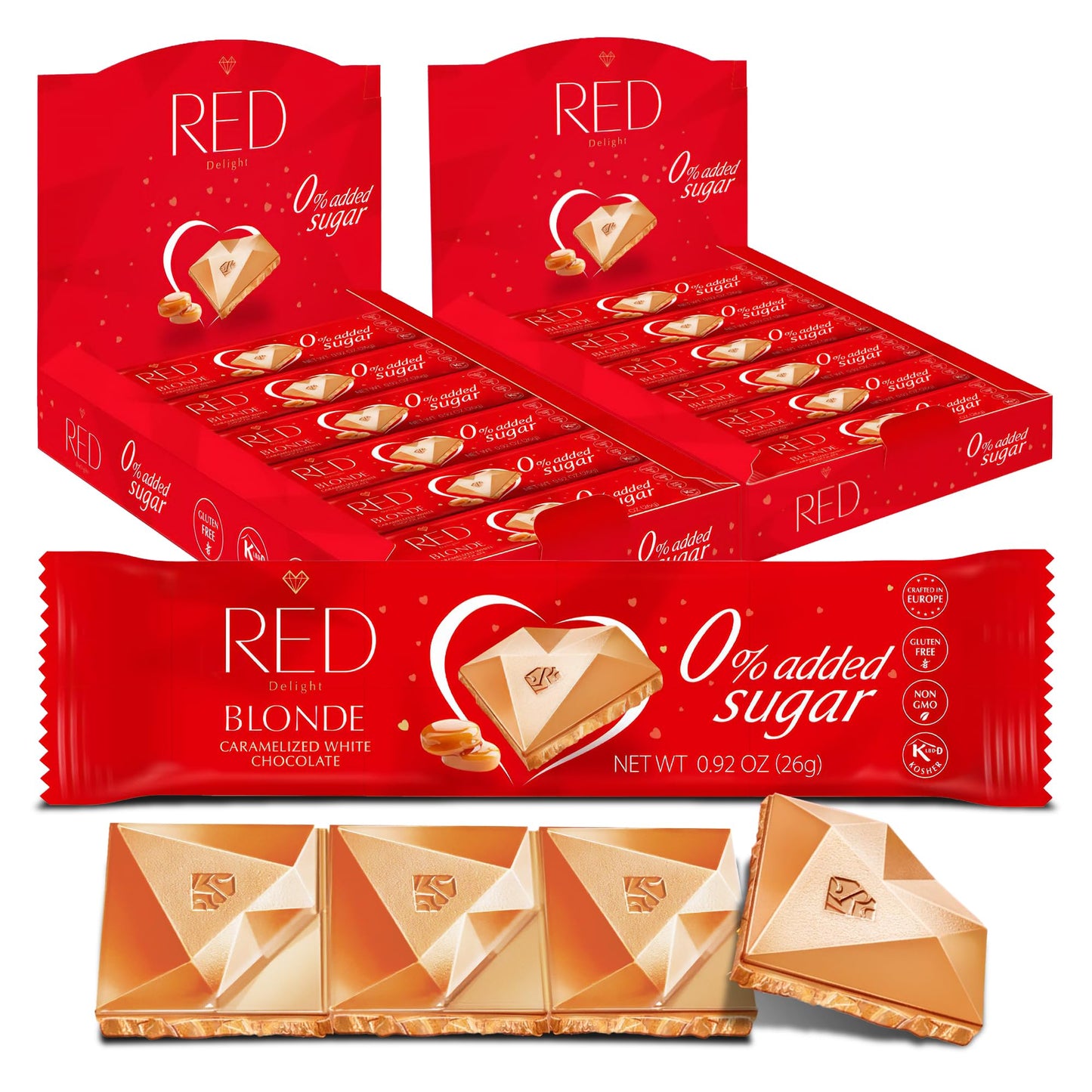 Red Delight Blond Caramelized Chocolate Snack Bars - Pack of 24 Diamond-Shaped White Chocolates (22.08oz) with Rich Caramelized 