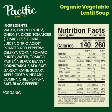 Pacific Foods Organic Vegetable Lentil Soup, Plant Based, 16.3 Oz Can