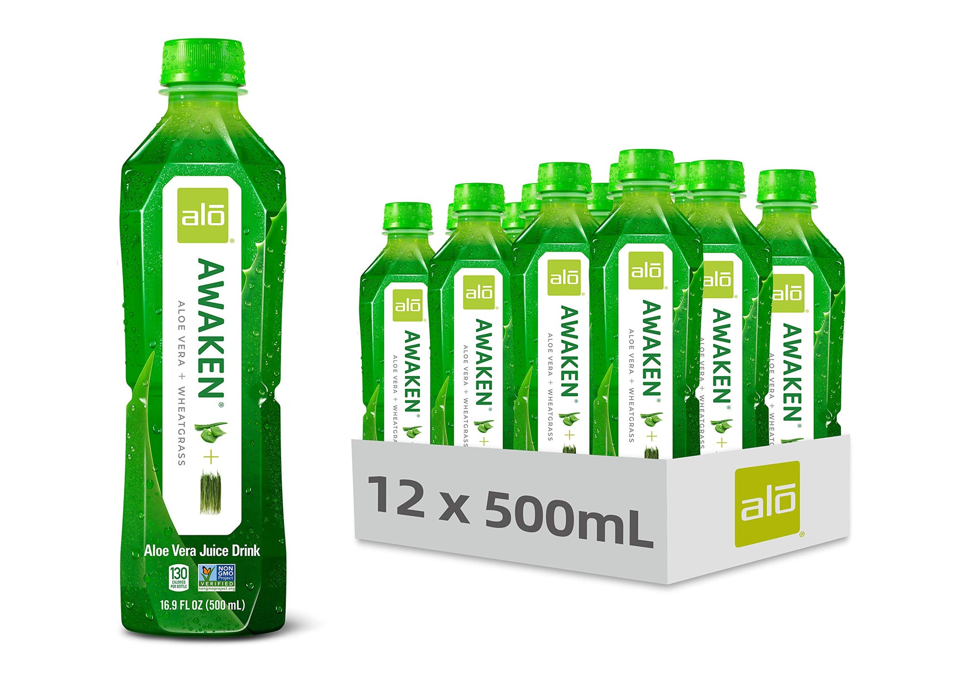 ALO Aloe Vera Juice Drink | AWAKEN - Aloe Vera + Wheatgrass | 16.9 fl oz, Pack of 12 | Plant Based Drink with Real Aloe Vera Pul