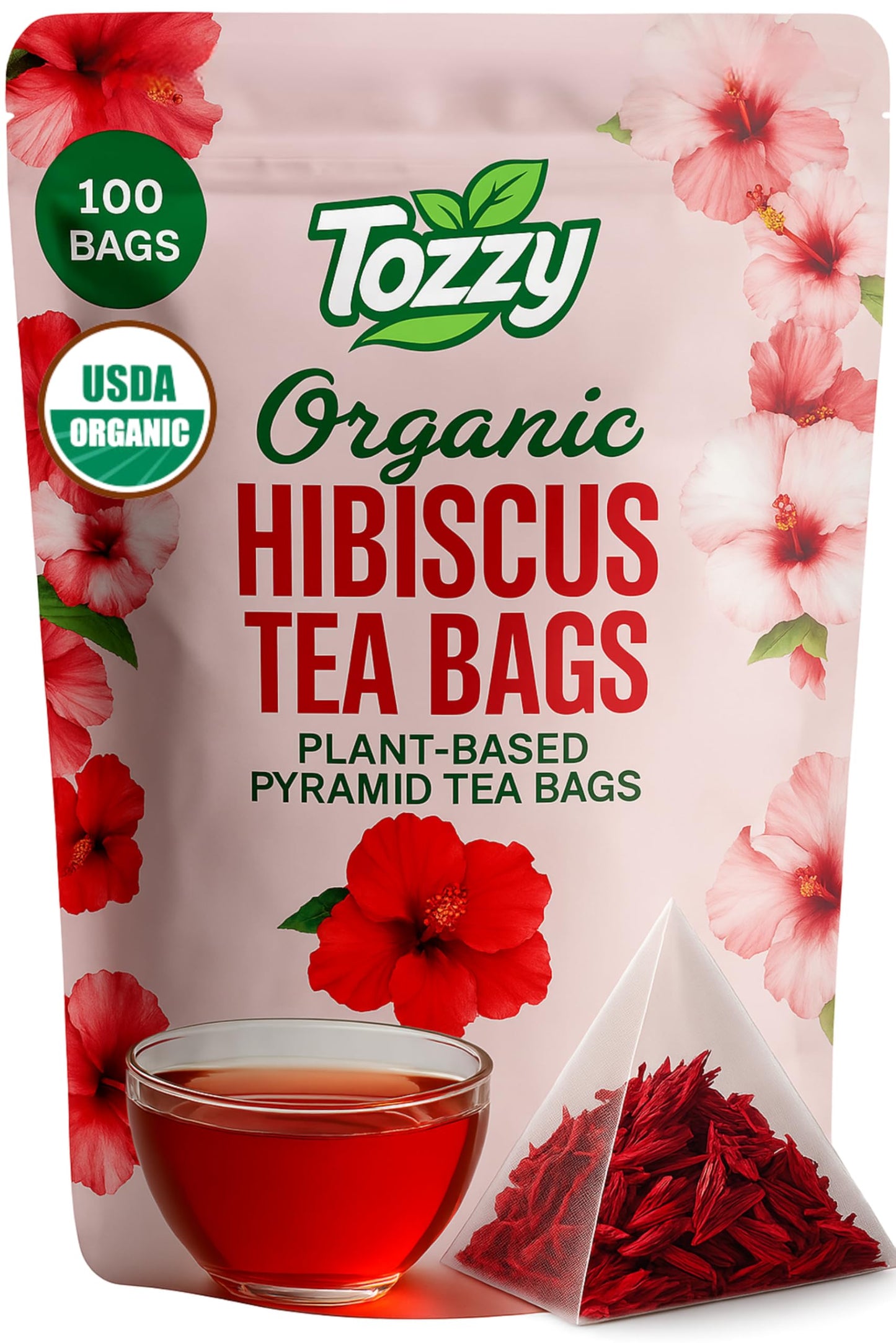 Tozzy Organic Hibiscus Tea - 100 Count, Plant-Based Pyramid Tea Bags