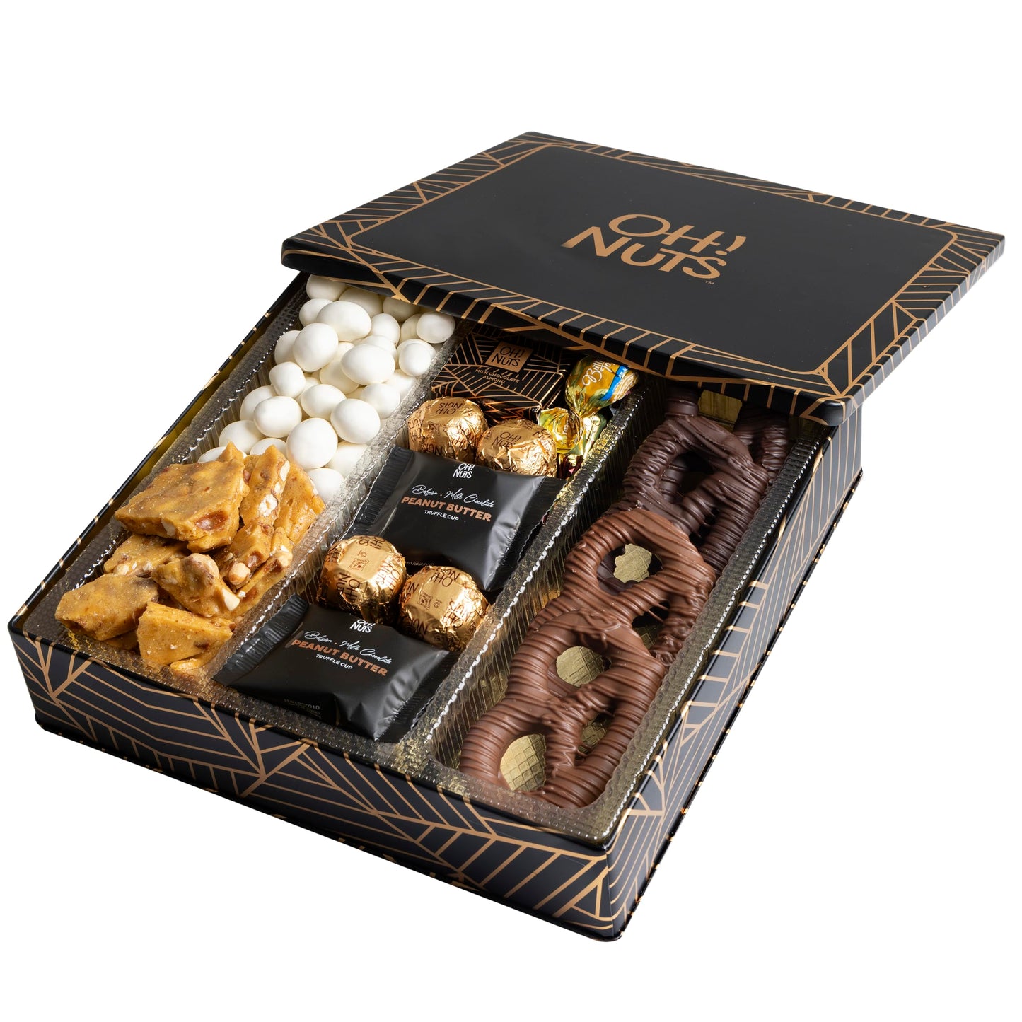 Oh! Nuts Chocolate Gift Basket - Gourmet Assorted Chocolates - 6 Section Metal Tin - Square - 1 Count