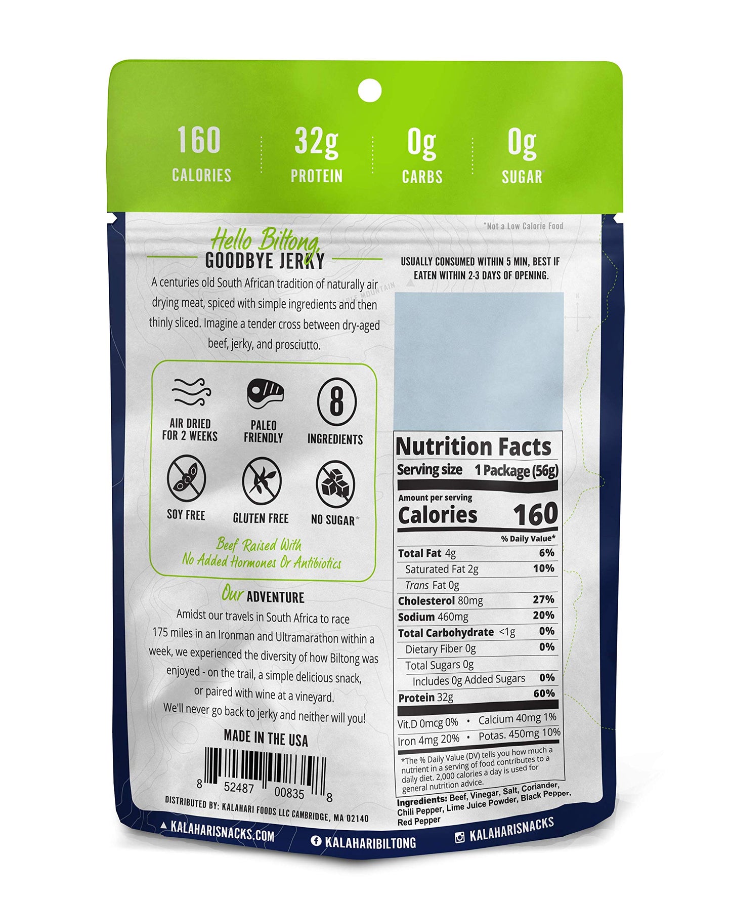 Lime Chili Kalahari Biltong, Air-Dried Thinly Sliced Beef, 2Oz (Pack Of 1), Sugar Free, Gluten Free, Keto & Paleo, High Protein