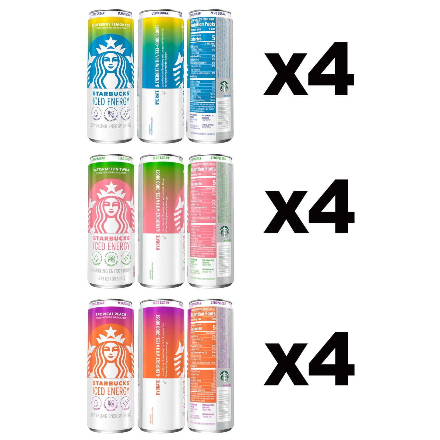 Starbucks Iced Energy Drink Variety Pack, 12 Fl Oz Cans, Tropical Peach, Watermelon Splash, Blueberry Lemonade, Zero Sugar