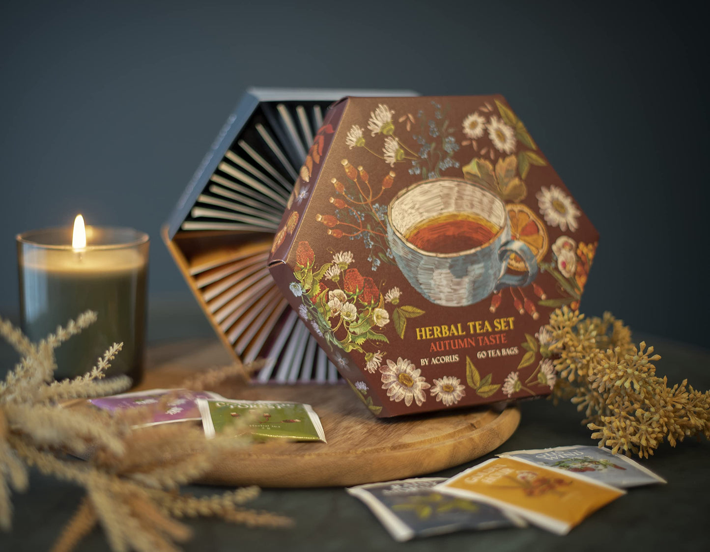Acorus | Autumn Taste Tea Set | Natural Tea Hamper Box Gift Set Of 6 Flavors | Discover Rich Autumn Teas | Tea Gift Sets | Large