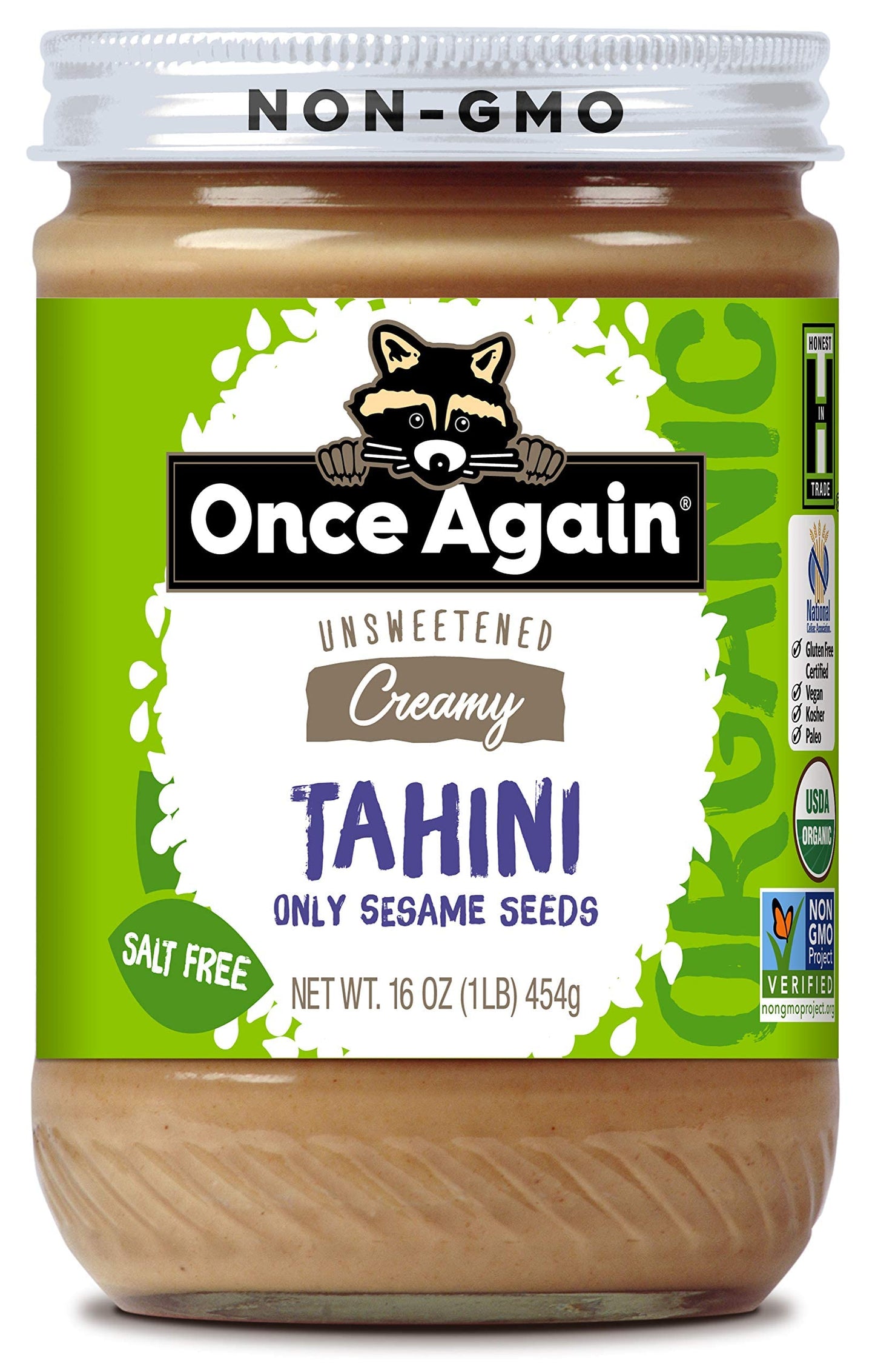 Once Again Organic Sesame Tahini, 16oz - Salt Free, Unsweetened - USDA Organic, Gluten Free, Vegan, Kosher, Peanut Free - Glass 
