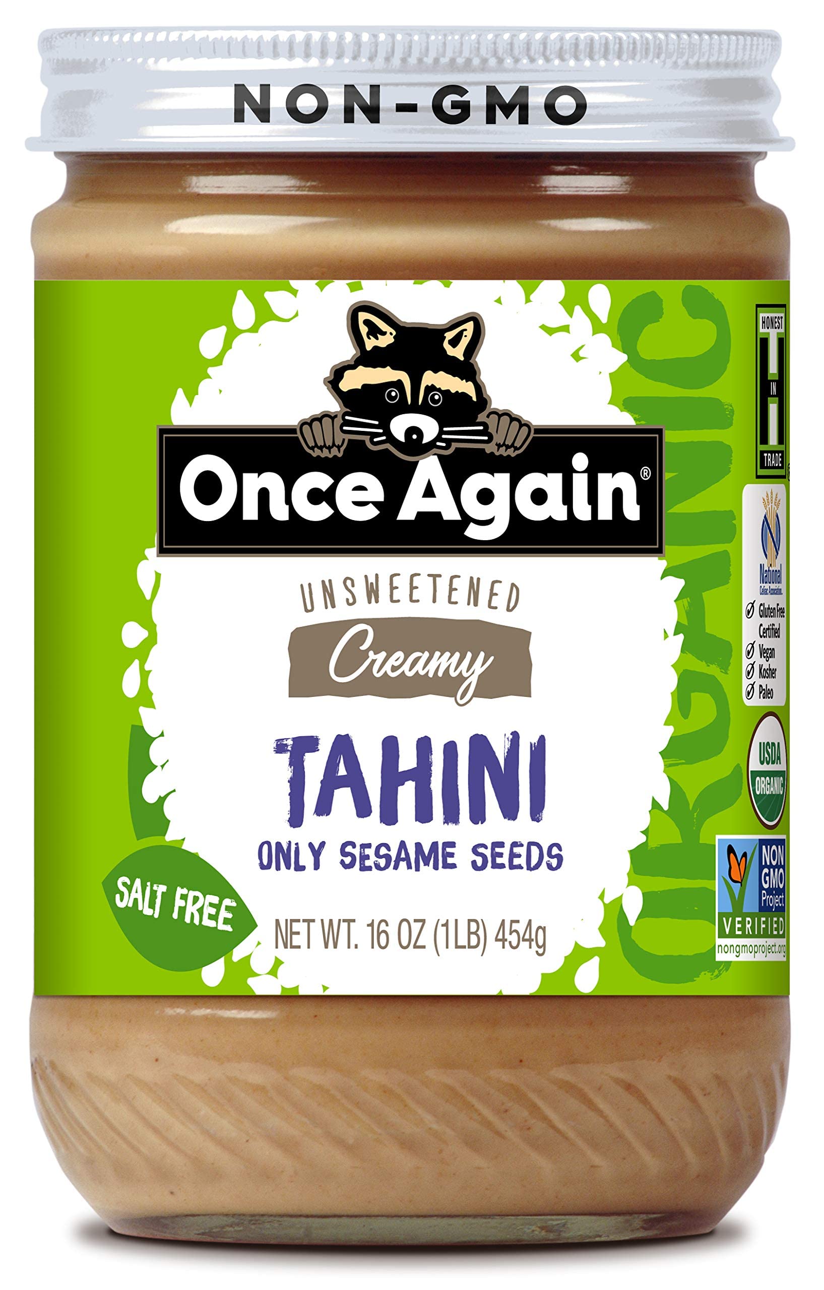 Once Again Organic Sesame Tahini, 16oz - Salt Free, Unsweetened - USDA Organic, Gluten Free, Vegan, Kosher, Peanut Free - Glass 