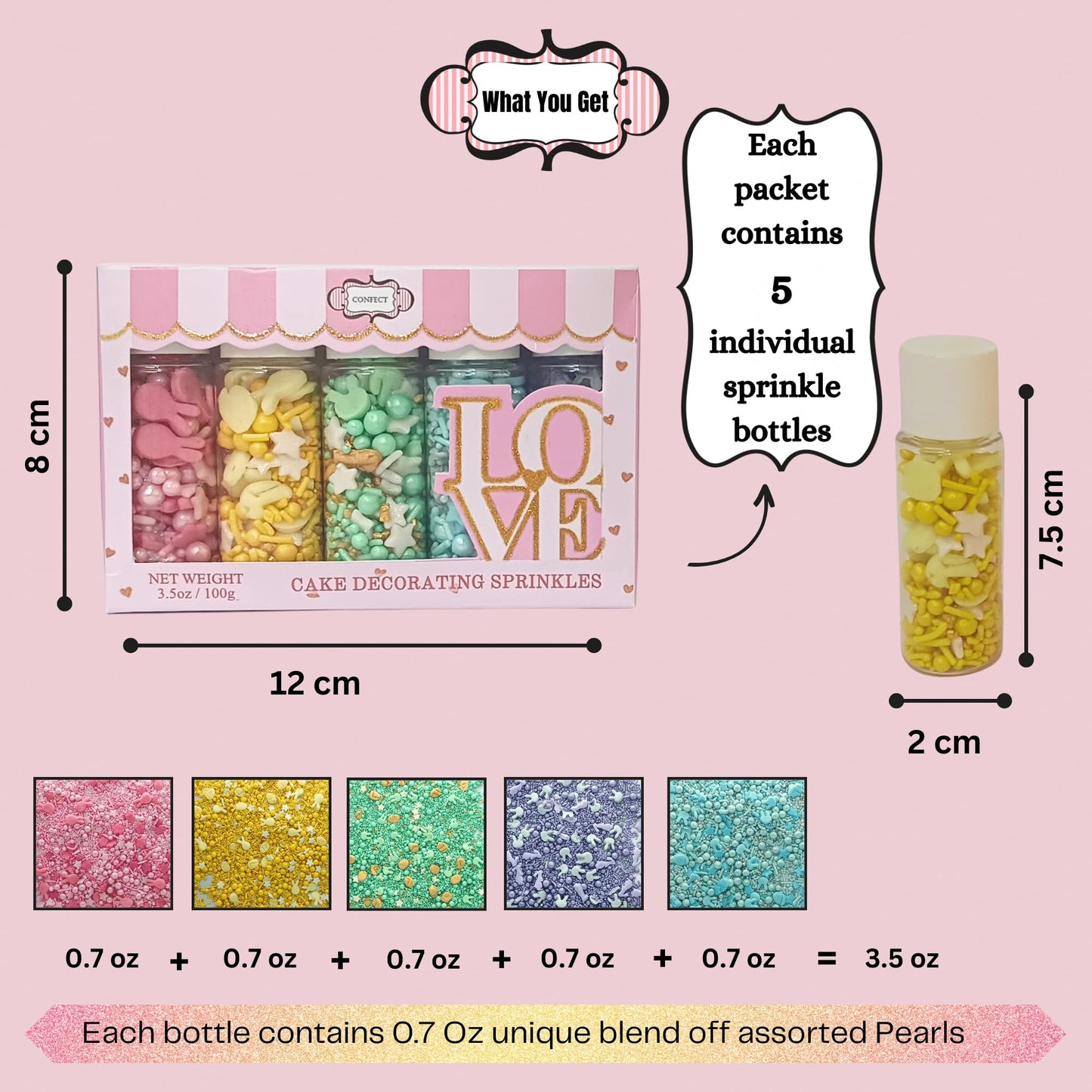 Confect Easter Sprinkles Edible | Assorted Pack Of 5 Parrot Green, Pink, Sky Blue And Yellow Pearls & Stars I Cookies, Desserts