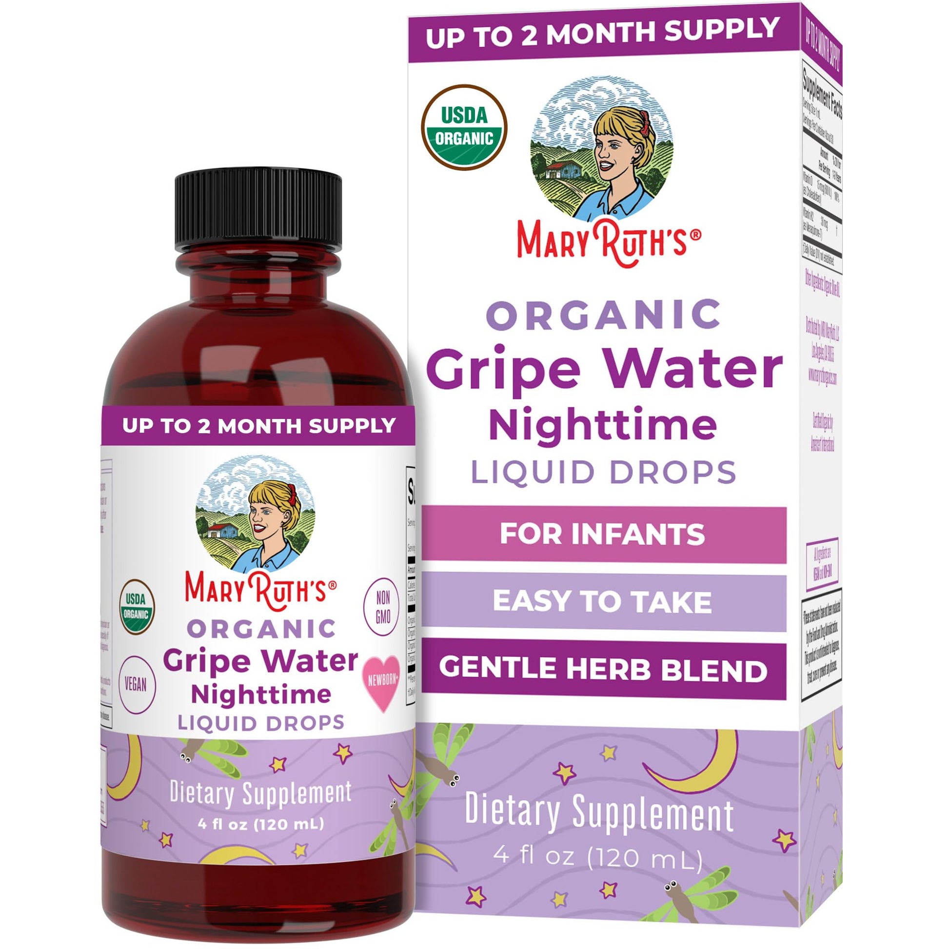MaryRuth Organics Nighttime Gripe Water for Babies, Herbal Blend, 4 Fl Oz, Vegan, Ages 0+, Ginger Root, Lemon Balm, Fennel Seed