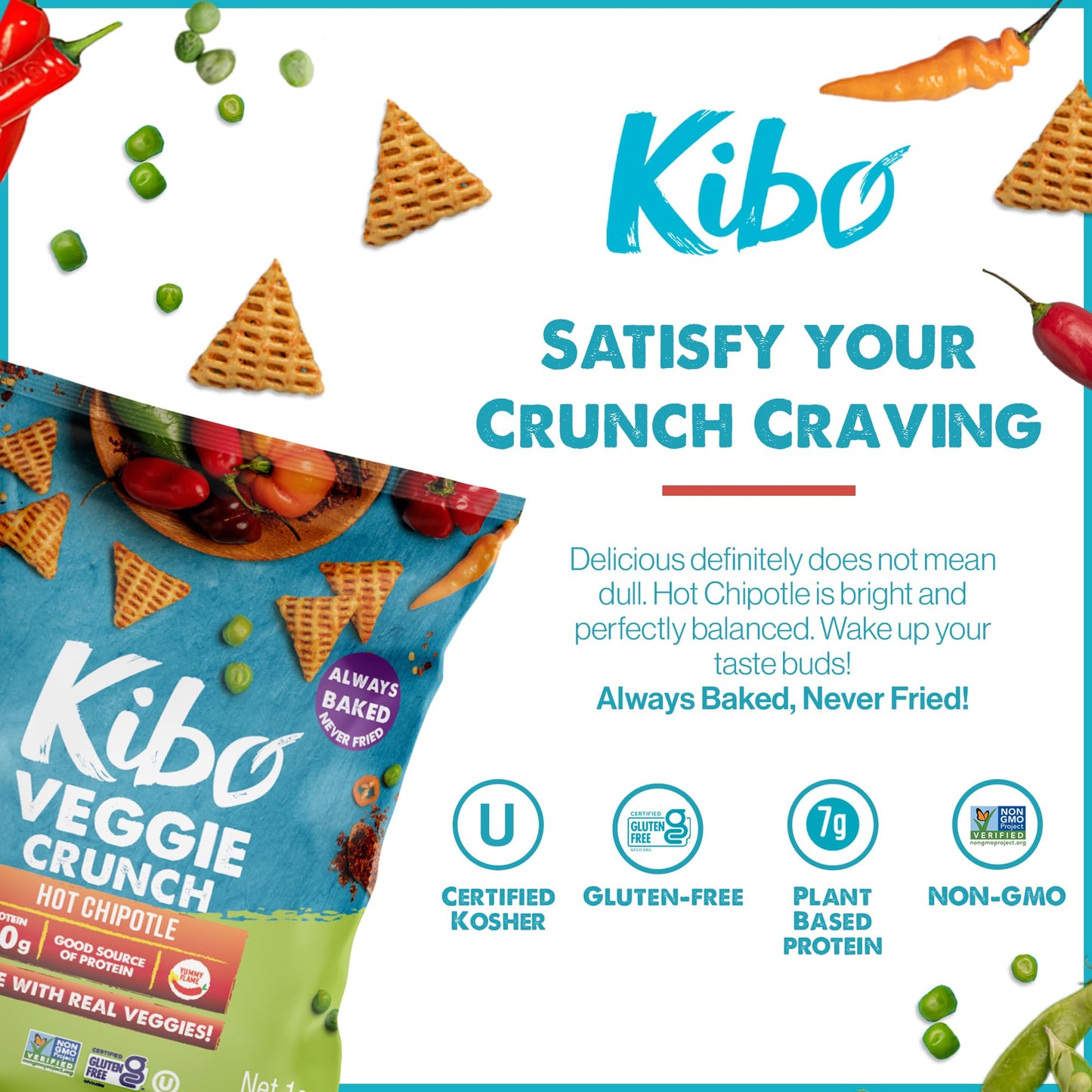 Kibo Veggie Chips Hot Chipotle Flavor, Plant-Based Protein, Gluten-Free, Non-Gmo, Vegan-Friendly, 3D Triangles, Flaming Hot 12 P