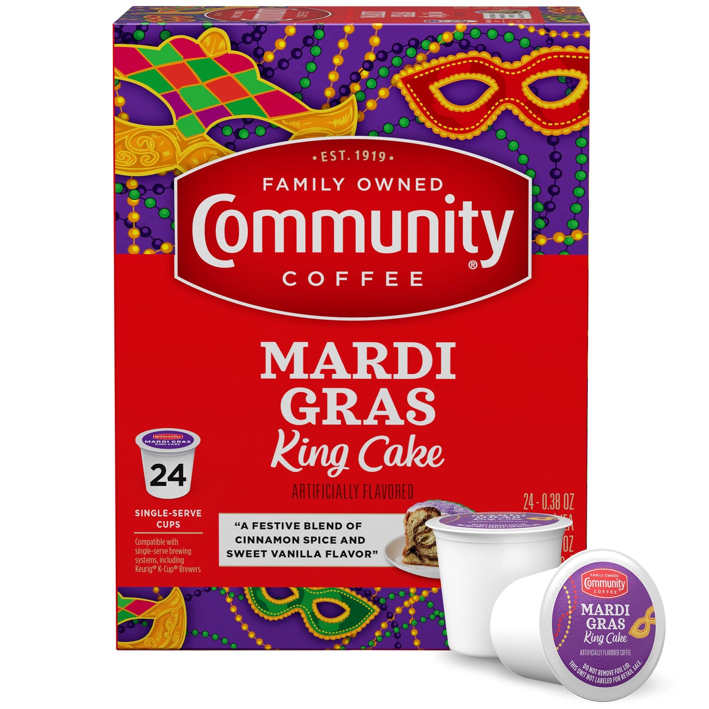 Community Coffee Mardi Gras King Cake Flavored Coffee Pods, Medium Roast, 24 Count, Compatible with Keurig 2.0