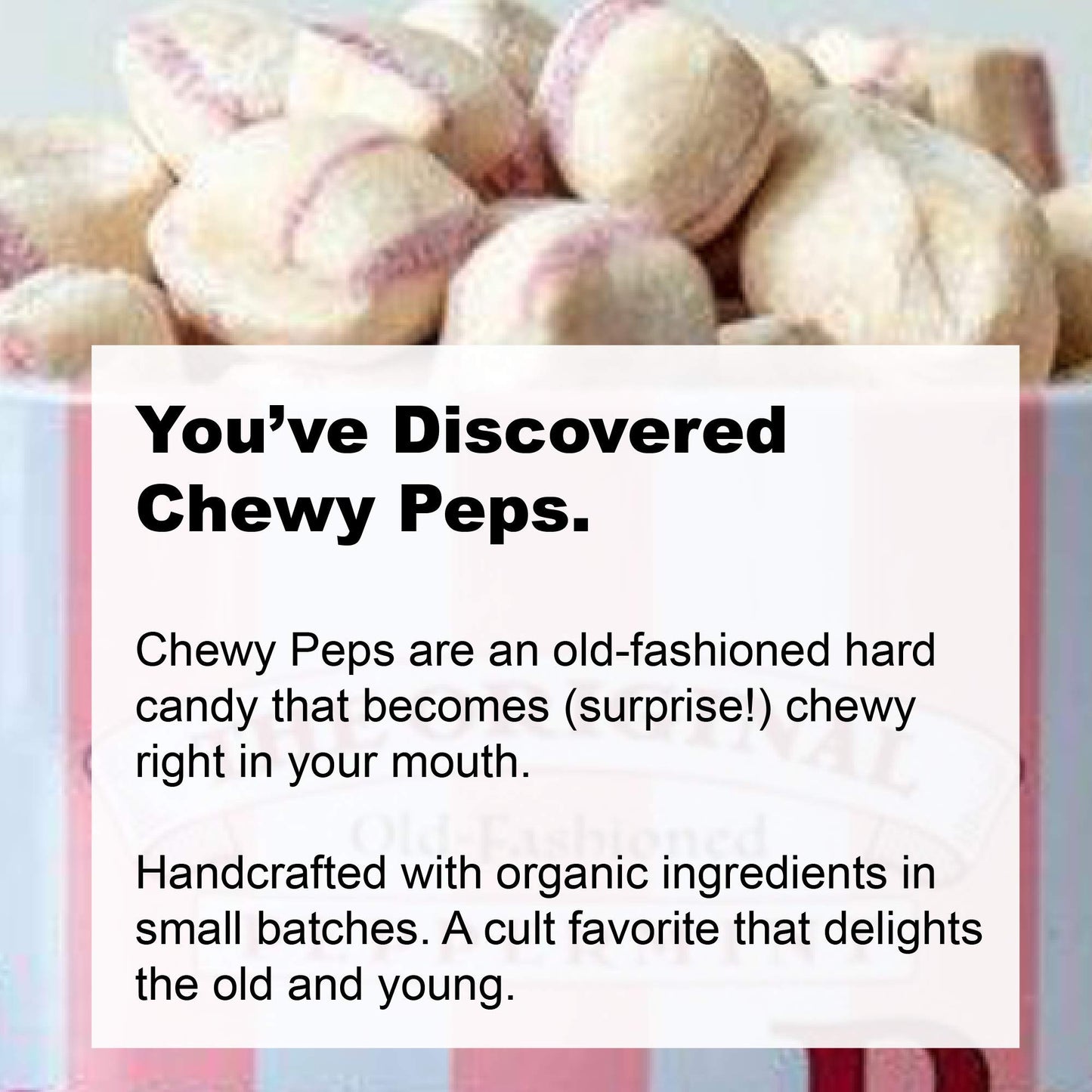 The Original Chewy Peps Peppermint Gift Tin, Handcrafted Premium Old-Fashioned Candy, Organic Non-Gmo Sustainable Ingredients, 1