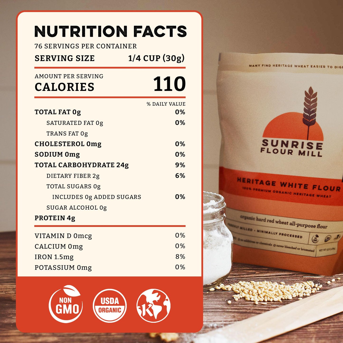 Sunrise Flour Mill Organic White Flour, All-Purpose, Unbleached, Non-GMO, Kosher, 80 Ounce Pack