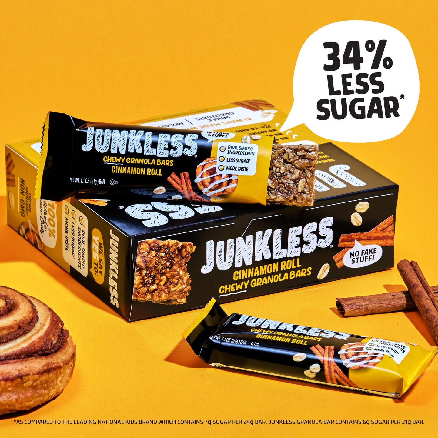 Junkless Chewy Granola Bars, Cinnamon Roll, 24 Bars (6 X 1.1 Oz Bars/Box - 4 Boxes), Non-Gmo, Low Sugar, Great Tasting, Made For Kids & Families