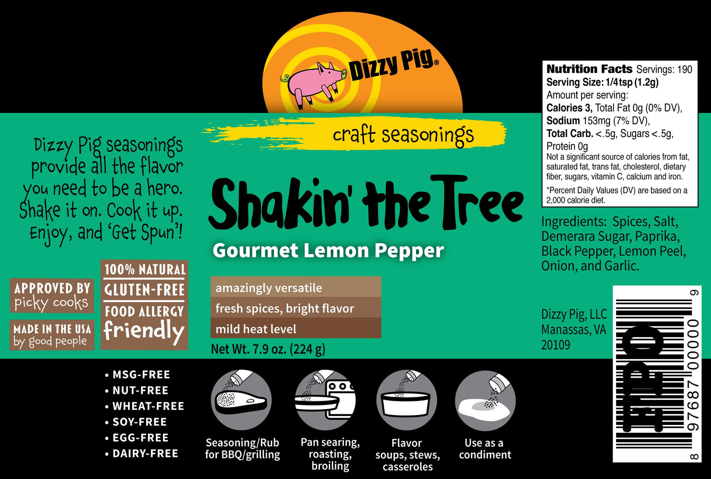 Dizzy Pig Shakin' The Tree Gourmet Lemon Pepper Seasoning Rub (8Oz Shaker) - Seasons 30+Lbs Of Food - Hand Made In The Usa - Msg