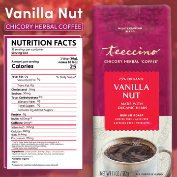 Teeccino Vanilla Nut Chicory Coffee Alternative, Medium Roast, 11 Ounce, Caffeine Free, Acid Free, 75% Organic