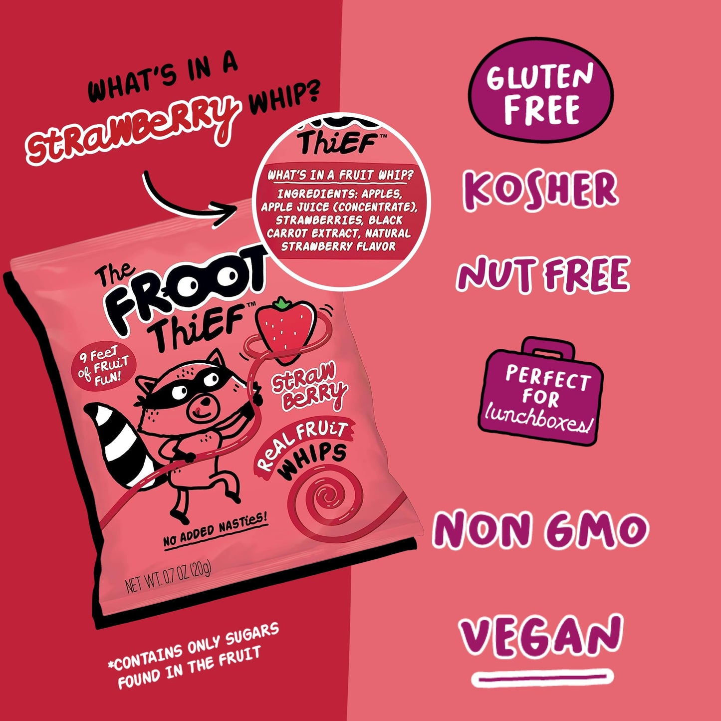 THE FROOT THIEF Strawberry Fruit Snack Whips, Nut Free, 5 Count, Perfect for School Lunches