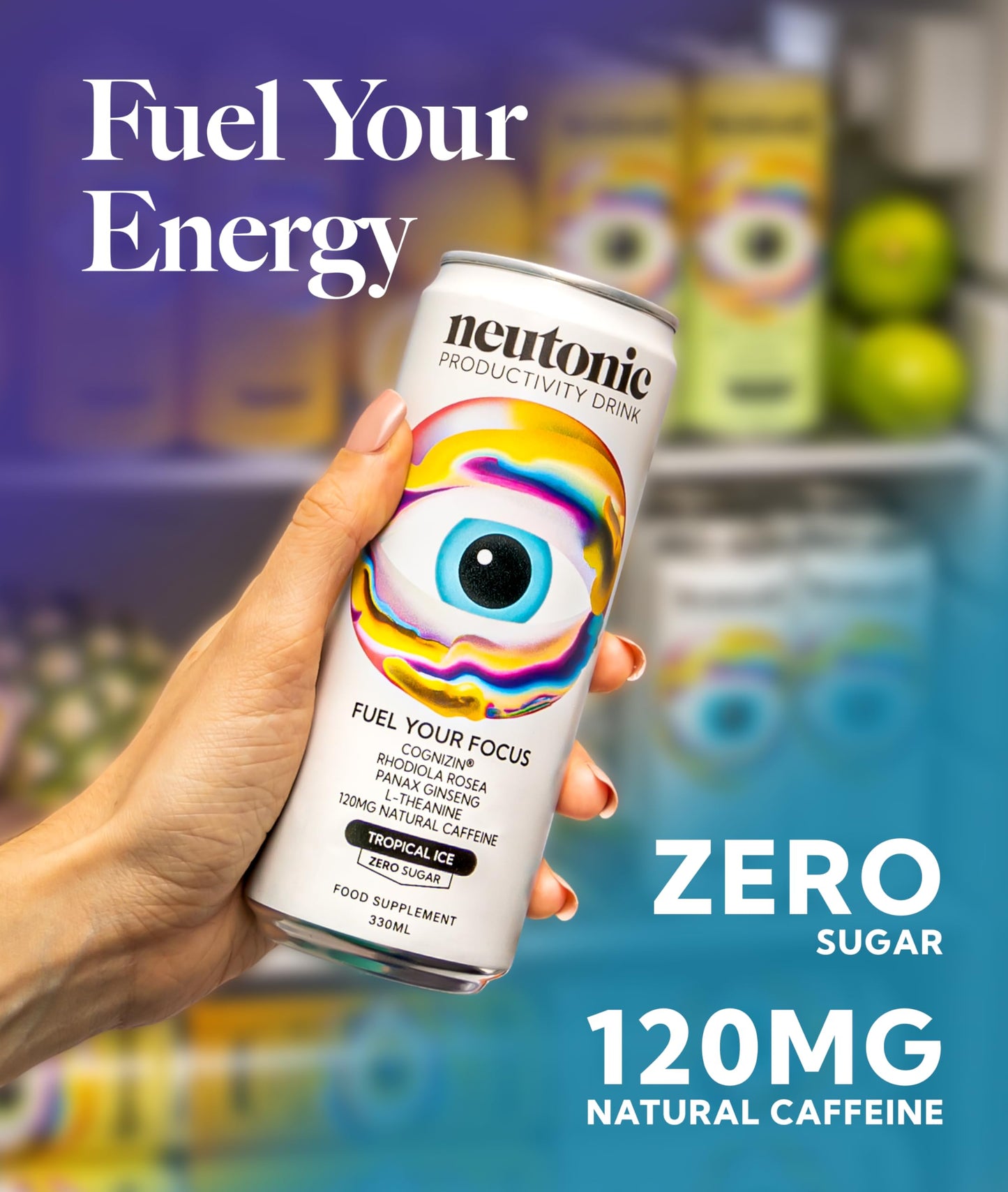 Neutonic Nootropic Energy Drink | Tropical Ice | 12 Cans | 120mg Caffeine, Zero Sugar | Boosts Focus & Memory