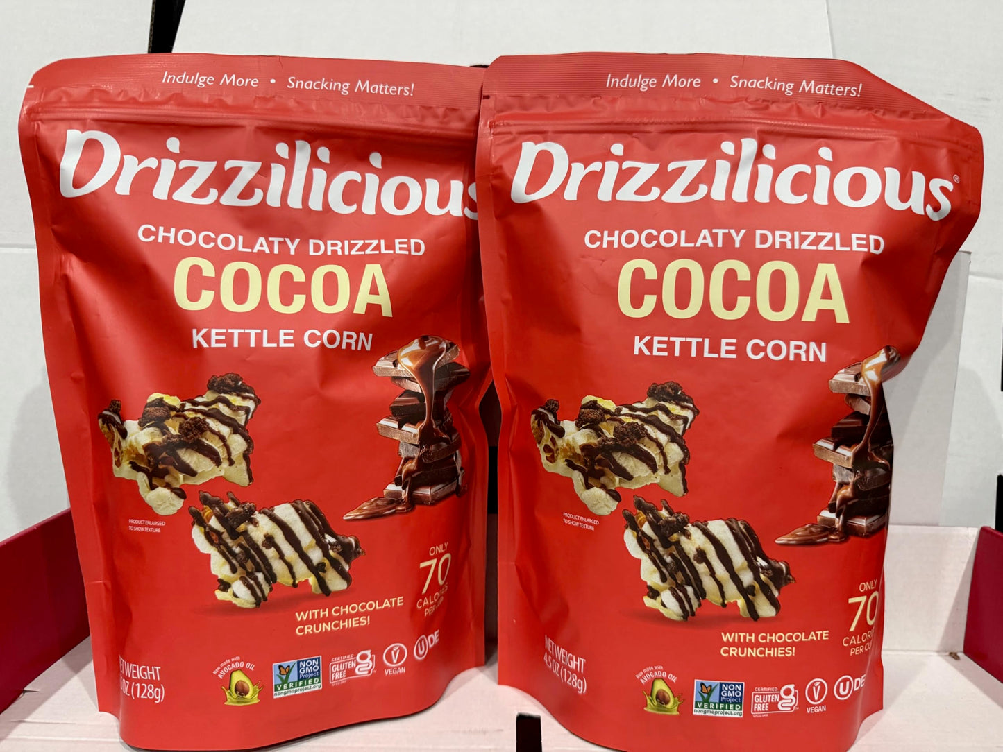 Chocolaty drizzed cocoa kettle corn. Pack of 2 and 4.5oz each