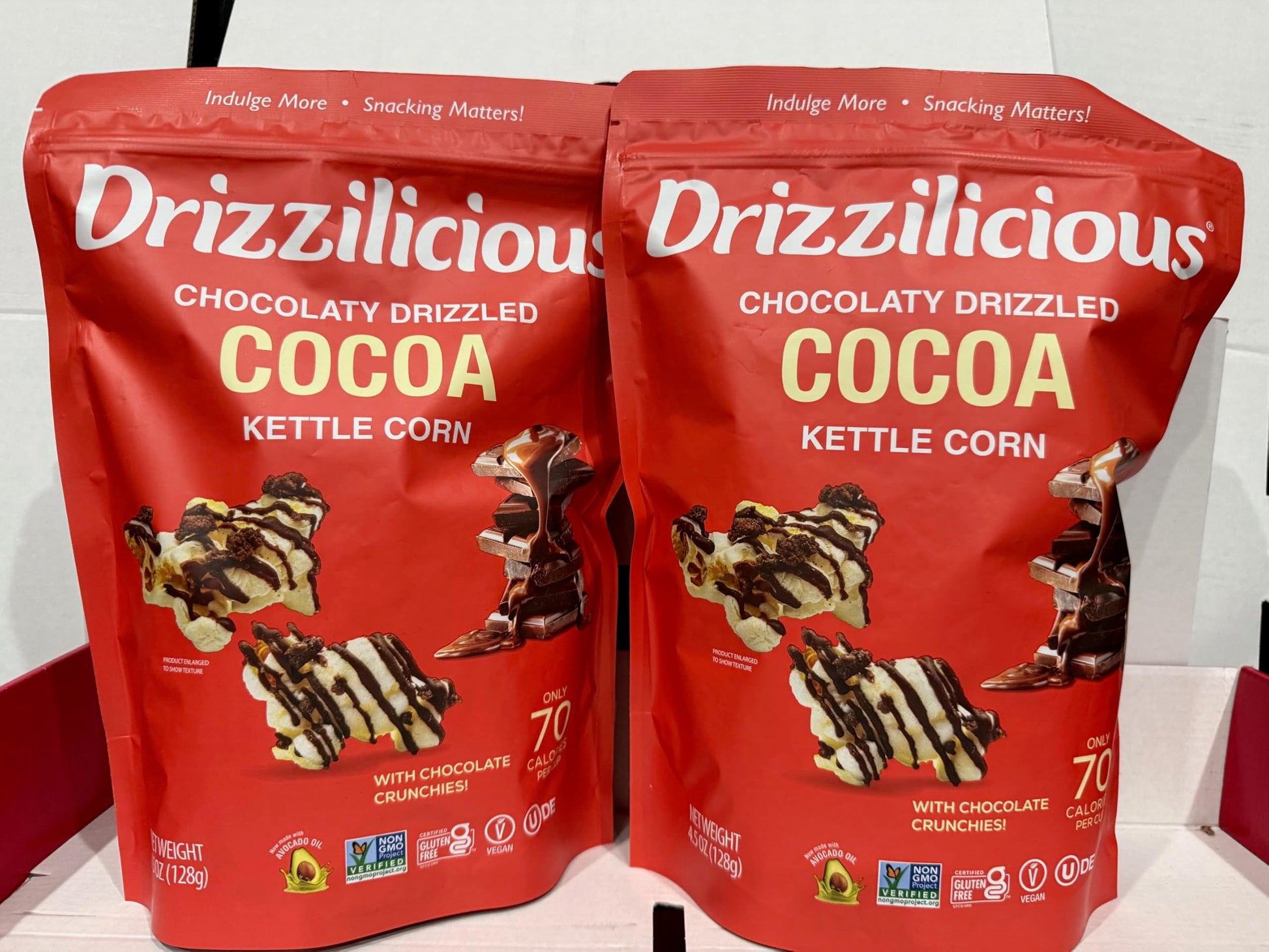 Chocolaty drizzed cocoa kettle corn. Pack of 2 and 4.5oz each