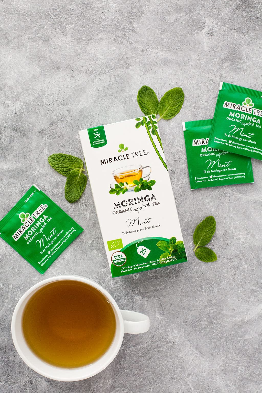 Tree Organic Moringa Superfood Tea, Mint Flavor, 25 Individually Sealed Tea Bags, Vegan, Gluten-Free, Caffeine-Free