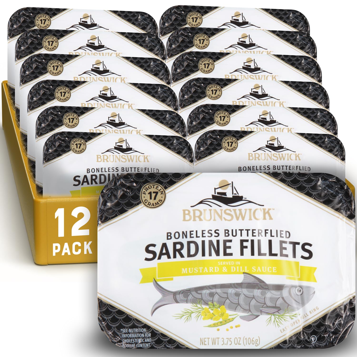 Brunswick Sardine Fillets in Mustard & Dill Sauce, 3.75 oz Can, Pack of 12, Gluten Free, Keto Friendly, 17g Protein per Serving