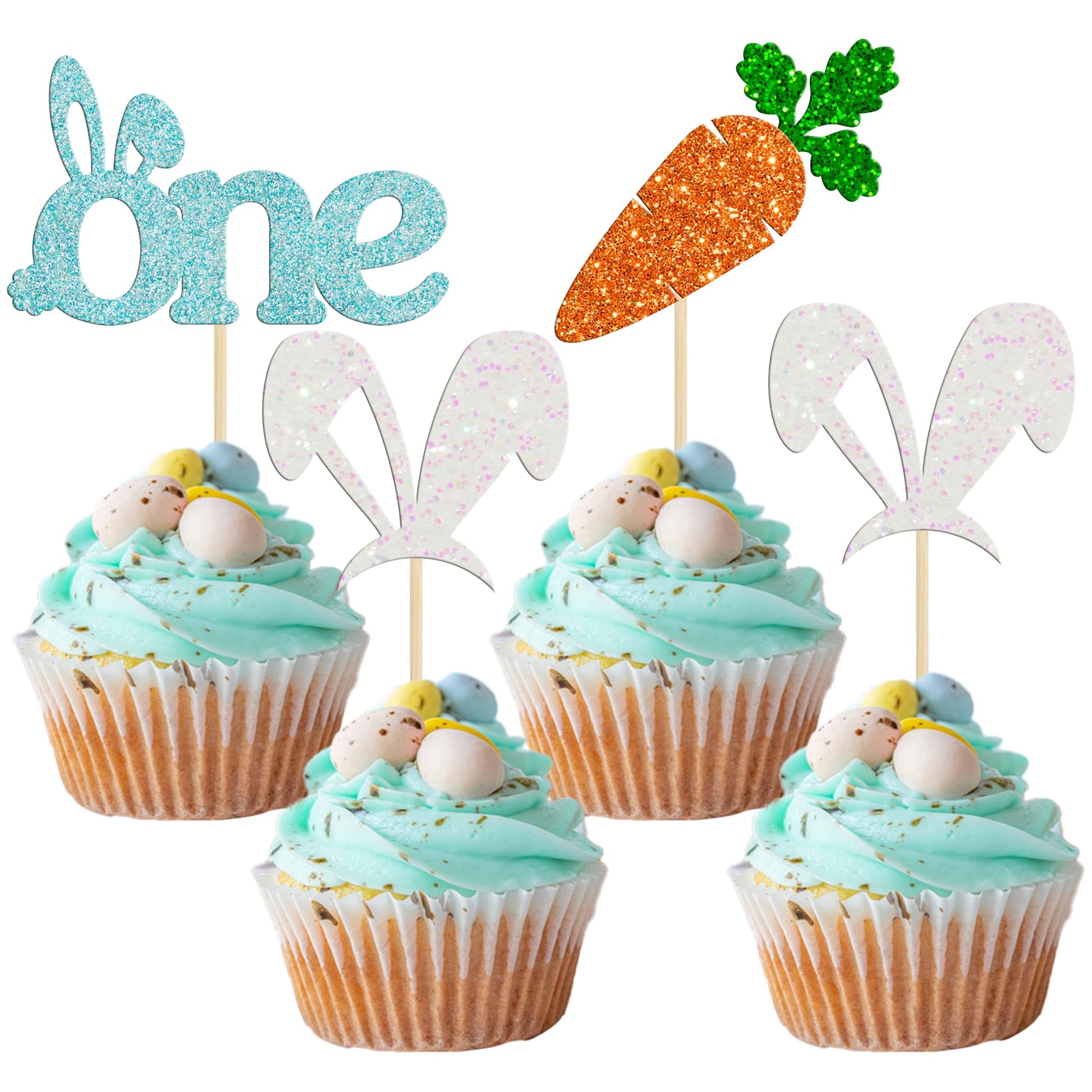 Gyufise 24Pcs Easter One Cupcake Toppers Blue Glitter Bunny Ear Carrot Cake Toppers Decorations For Bunny Easter Theme Kids 1St Birthday Babyshower Party Decorations
