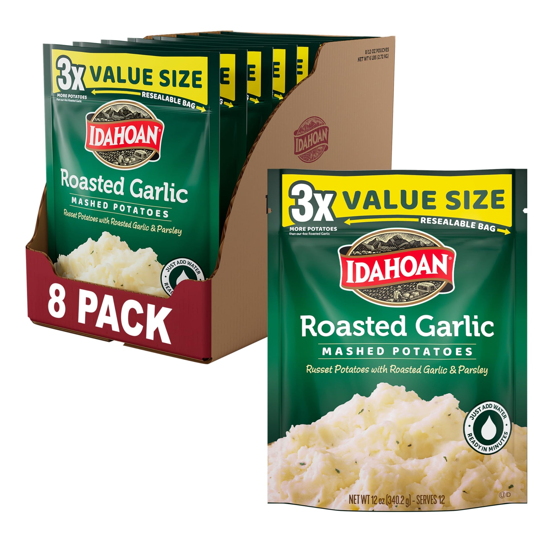 Idahoan Roasted Garlic Value Size Mashed Potatoes, Naturally Gluten-Free, 100% Real Idaho potatoes, No Artificial Flavors or Dye