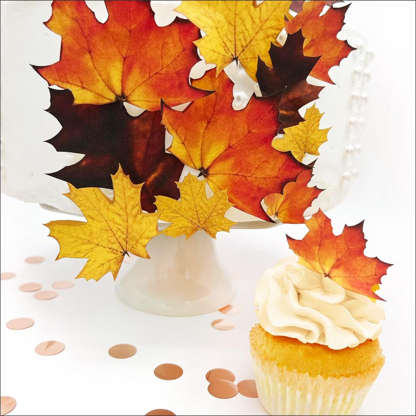 Sugar Robot Inc. Edible Fall Leaves Set of 15 - Wafer Cake & Cupcake Toppers - 3 to 1.5 inches - Red Orange Yellow Brown Leaves