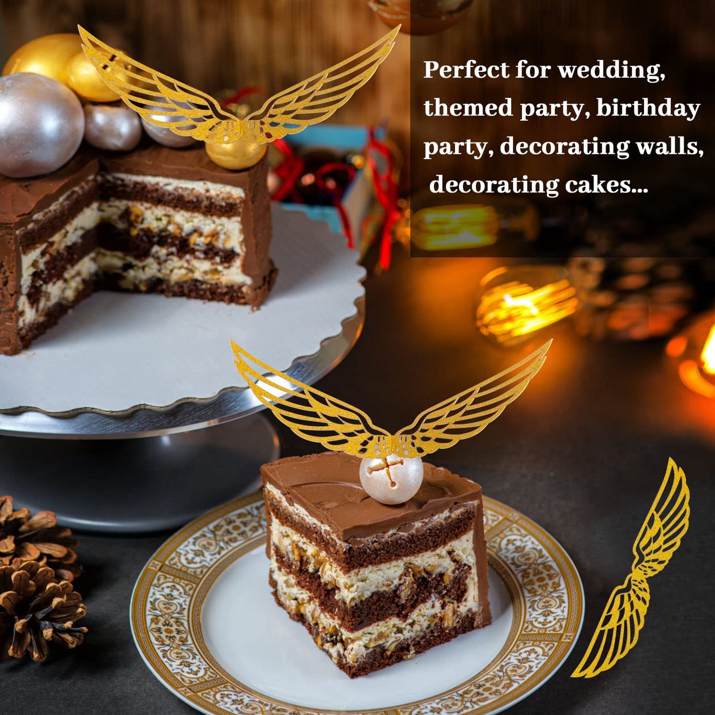 50Pcs Golden Snitch Wings Chocolate Decoration, Coldairsoap Happy Easte Cupcake Toppers Party Chocolate Wings Decor With 50Pcs G