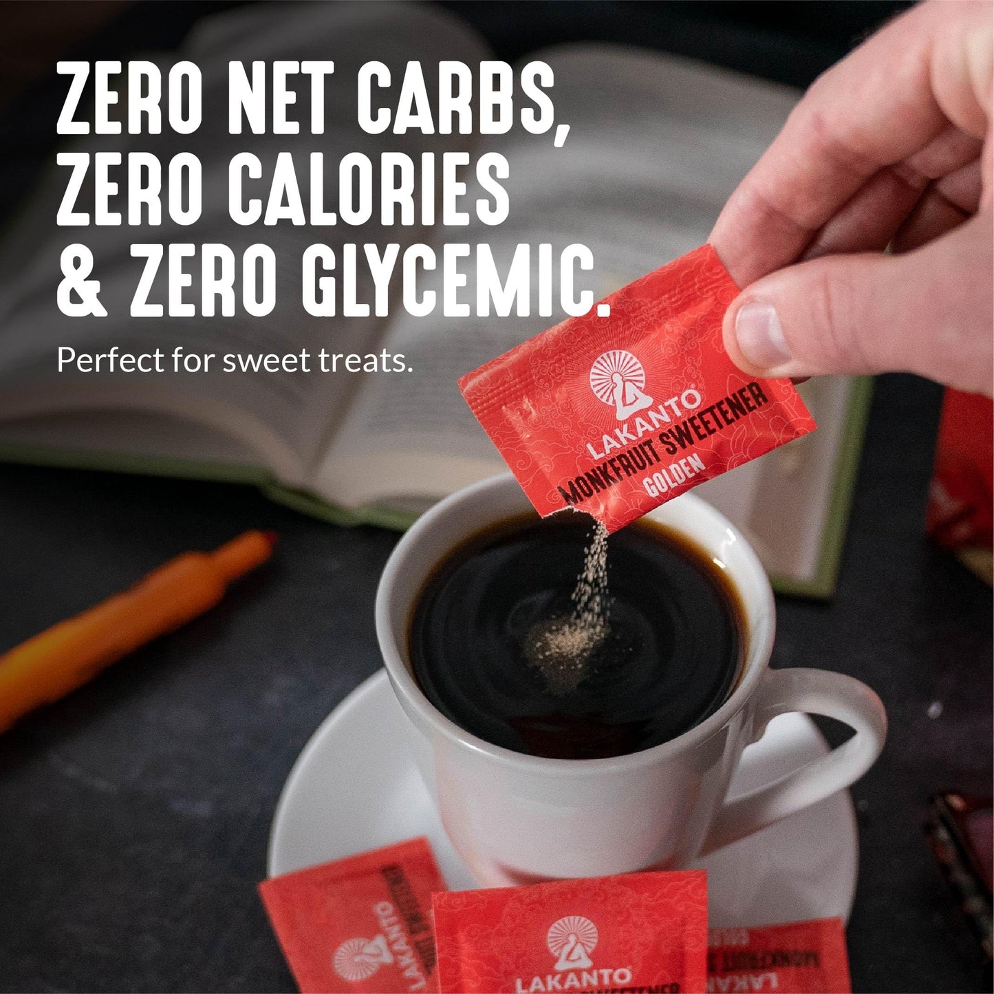 Lakanto Golden Monk Fruit Sweetener Packets - Zero Calorie Sugar Replacement, 30 Count, 3g Each, Ideal for Coffee and Desserts