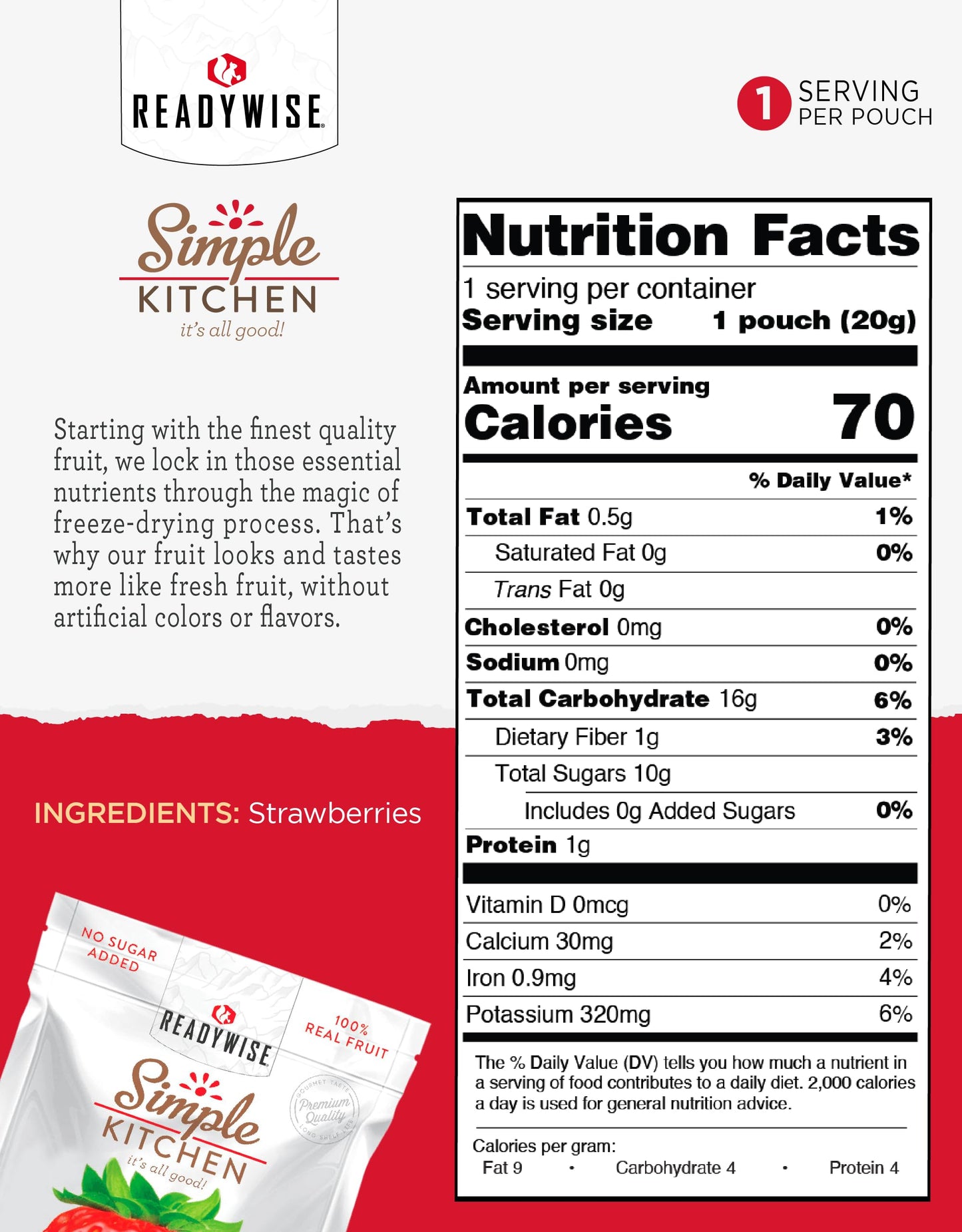 ReadyWise Freeze-Dried Strawberries, 24 Servings, 6 Pack, Vegetarian, Gluten Free, Healthy Snacks