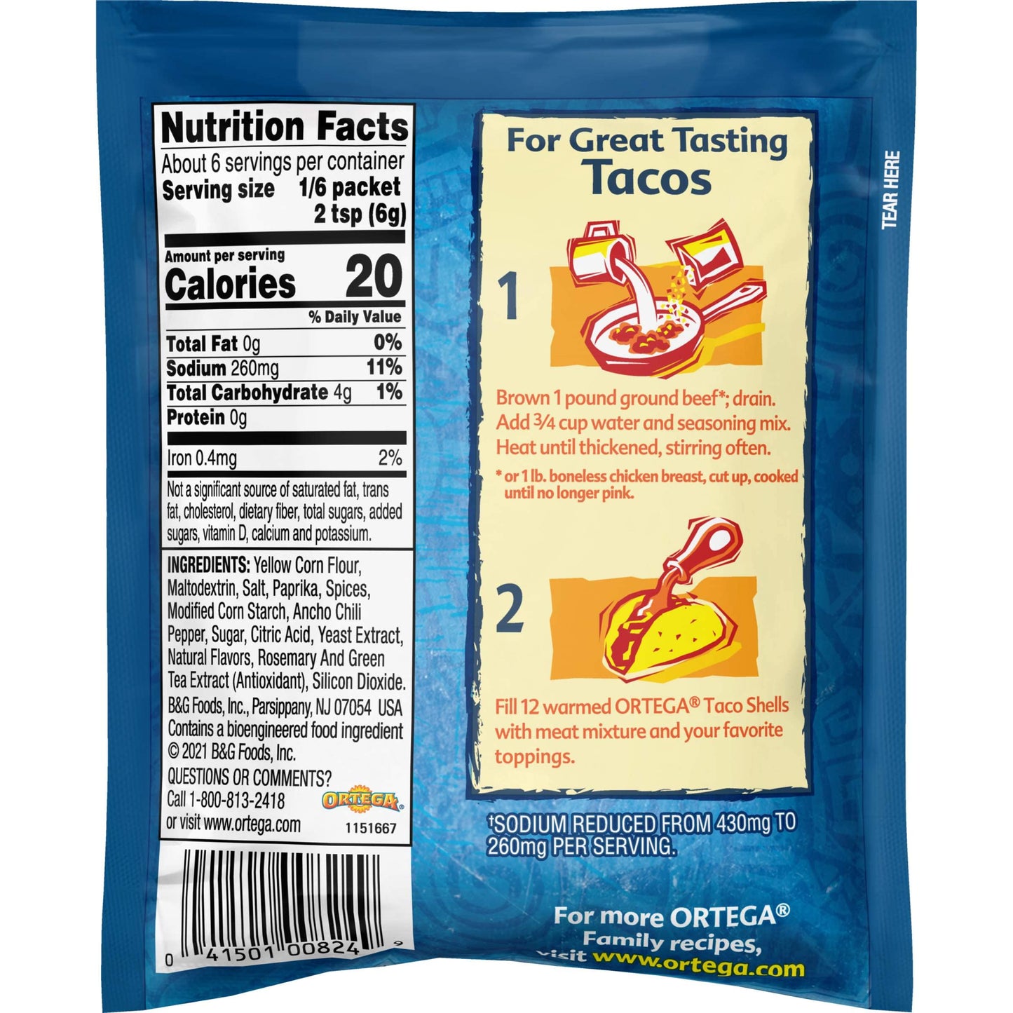 Ortega Seasoning Mix, 40% Less Sodium Taco, 1.25 Ounce (Pack Of 12)