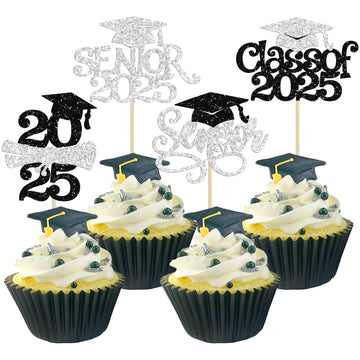 Gyufise 24Pcs 2025 Graduation Cupcake Toppers with Glitter Senior Class of 2025 Cupcake Picks Senior 2025 Cupcake Decorations fo