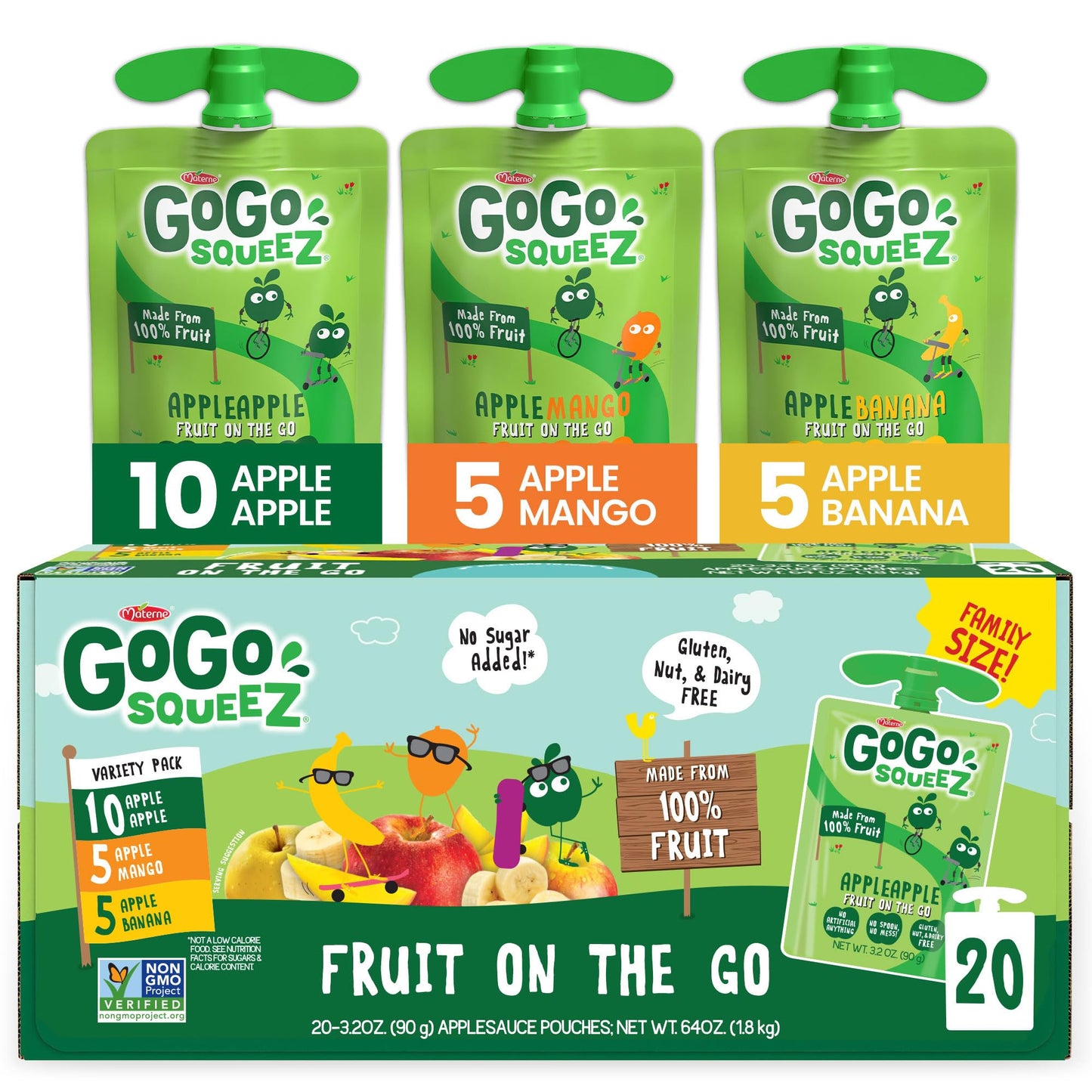 GoGo SqueeZ Applesauce Variety Pack, Apple Mango Banana, 3.2 oz (Pack of 20), Gluten Free, Nut Free, Dairy Free, BPA Free