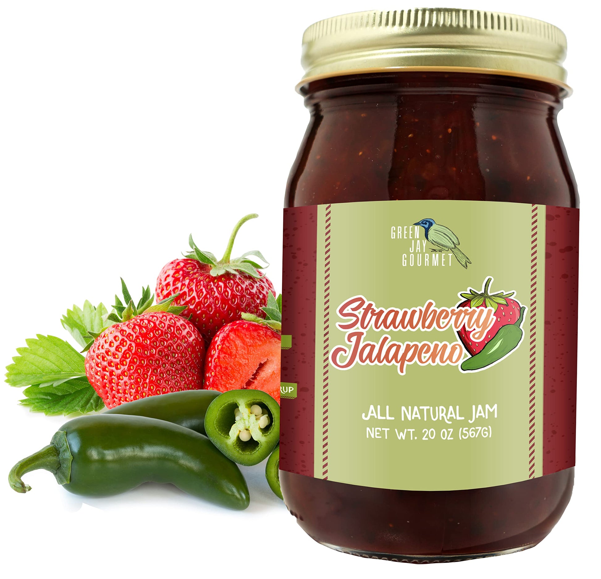 Green Jay Gourmet Strawberry Jalapeno Jam - All-Natural, Vegan, Gluten-Free - 20 Ounces