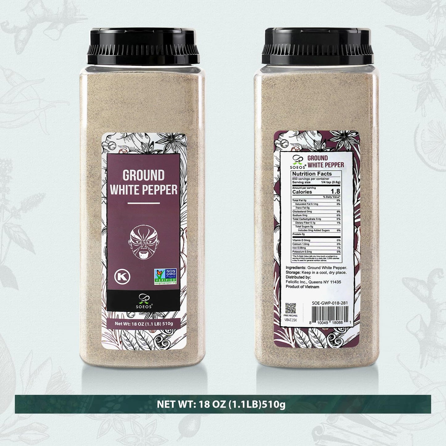 Soeos Fine Ground White Pepper 18oz (510), Non-GMO, Kosher Verified, Freshly Packed to Keep Peppers Fresh, Fine Grain, White Pep