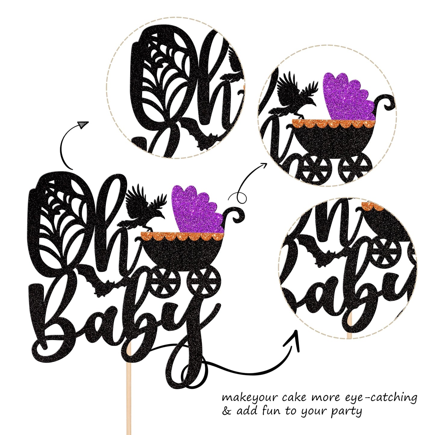 1 Pcs Halloween Oh Baby Cake Topper Glitter Spider Web Cat Carriage Baby Shower Cake Pick Little Boo Halloween Cake Decoration F