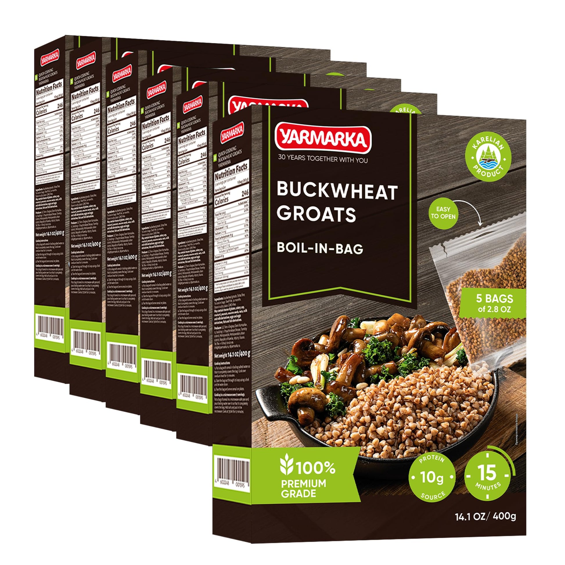 Yarmarka Kasha Buckwheat Groats Boil-In-Bag - 5X80Gr (14Oz)  Pack Of 6  Toasted Hulled Whole Grain Organic Food  Natural Source Of Protein And Fiber  Quick-Cook Porridge  Non-Gmo  Easy To Cook Vegan Meal