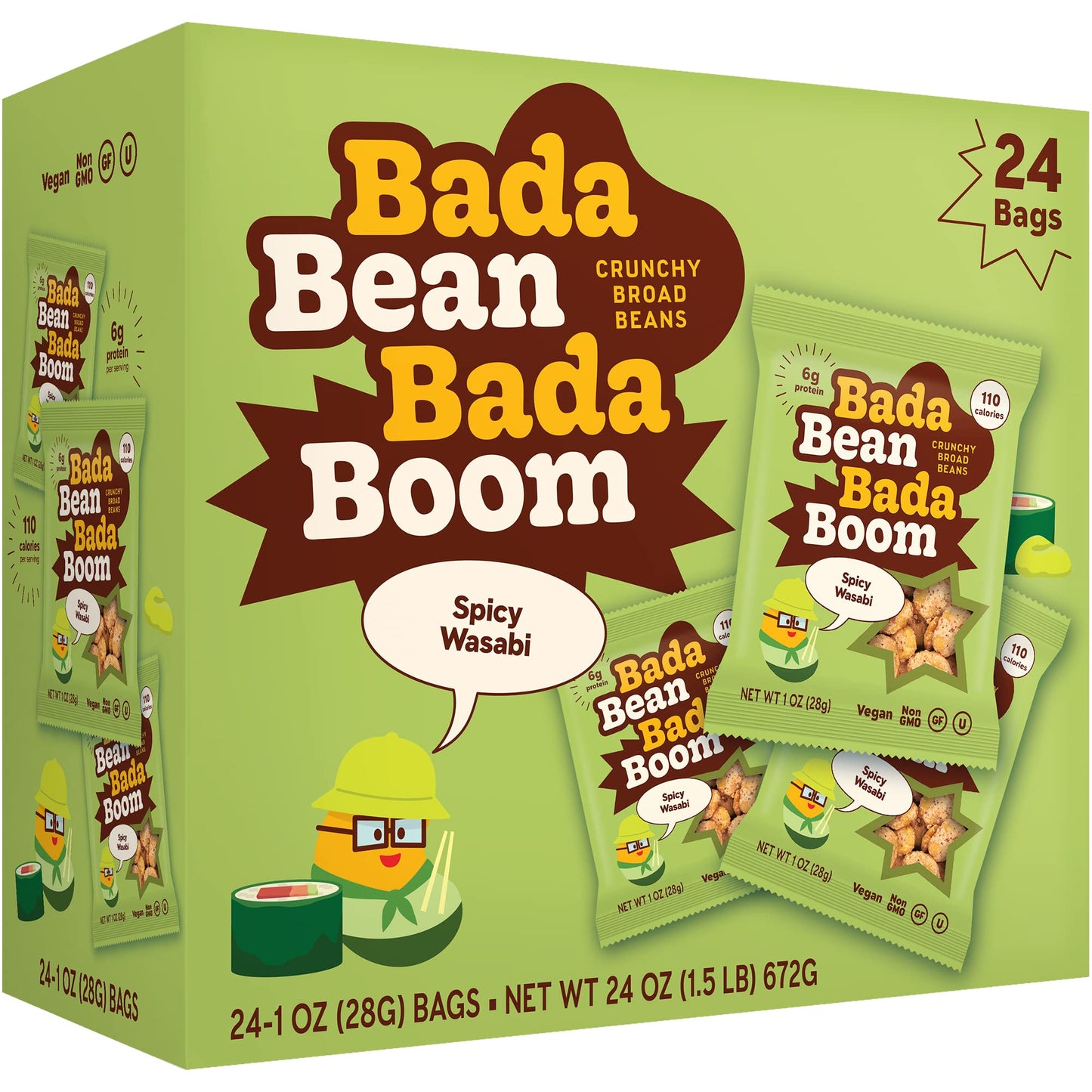 Bada Bean Bada Boom, Crunchy Roasted Broad Bean Snacks (Fava), High Protein, Vegan, Gluten-Free - 110 Calorie Packs, Spicy Wasab