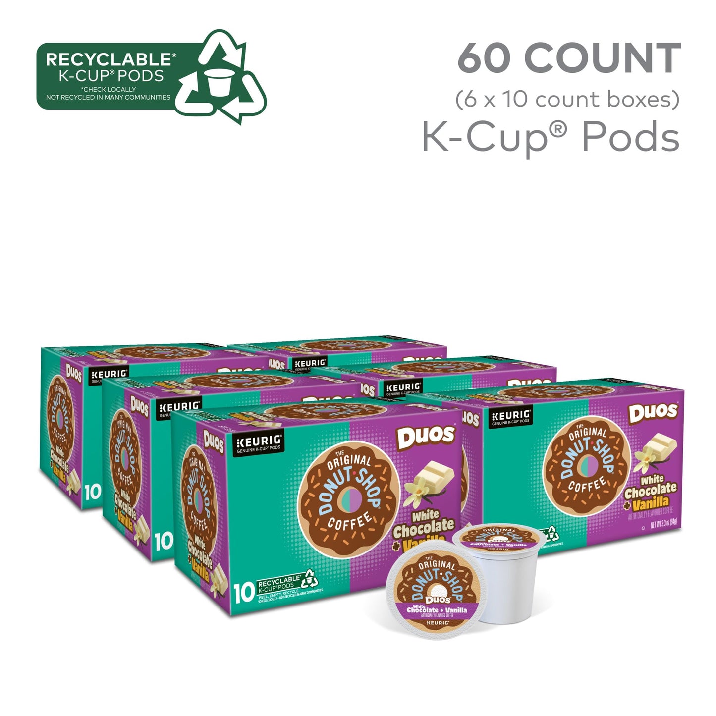 The Original Donut Shop Duos White Chocolate + Vanilla, Keurig Single Serve K-Cup Pods, 60 Count (6 Packs Of 10)