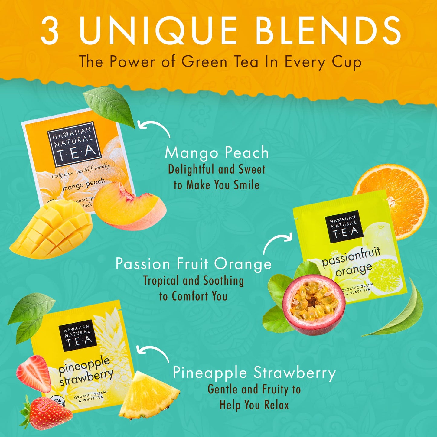 HAWAIIAN NATURAL T·E·A Tropical Fruit Tea Sampler - Green, Black, White Blends, 48 Bags, Gift Box Set for Special Occasions