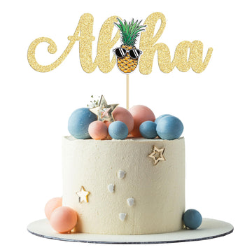Gyufise 1Pcs Aloha Cake Topper Glitter Pineapple Cake Picks Tropical Decorations For Summer Hawaiian Luau Theme Baby Shower Kids