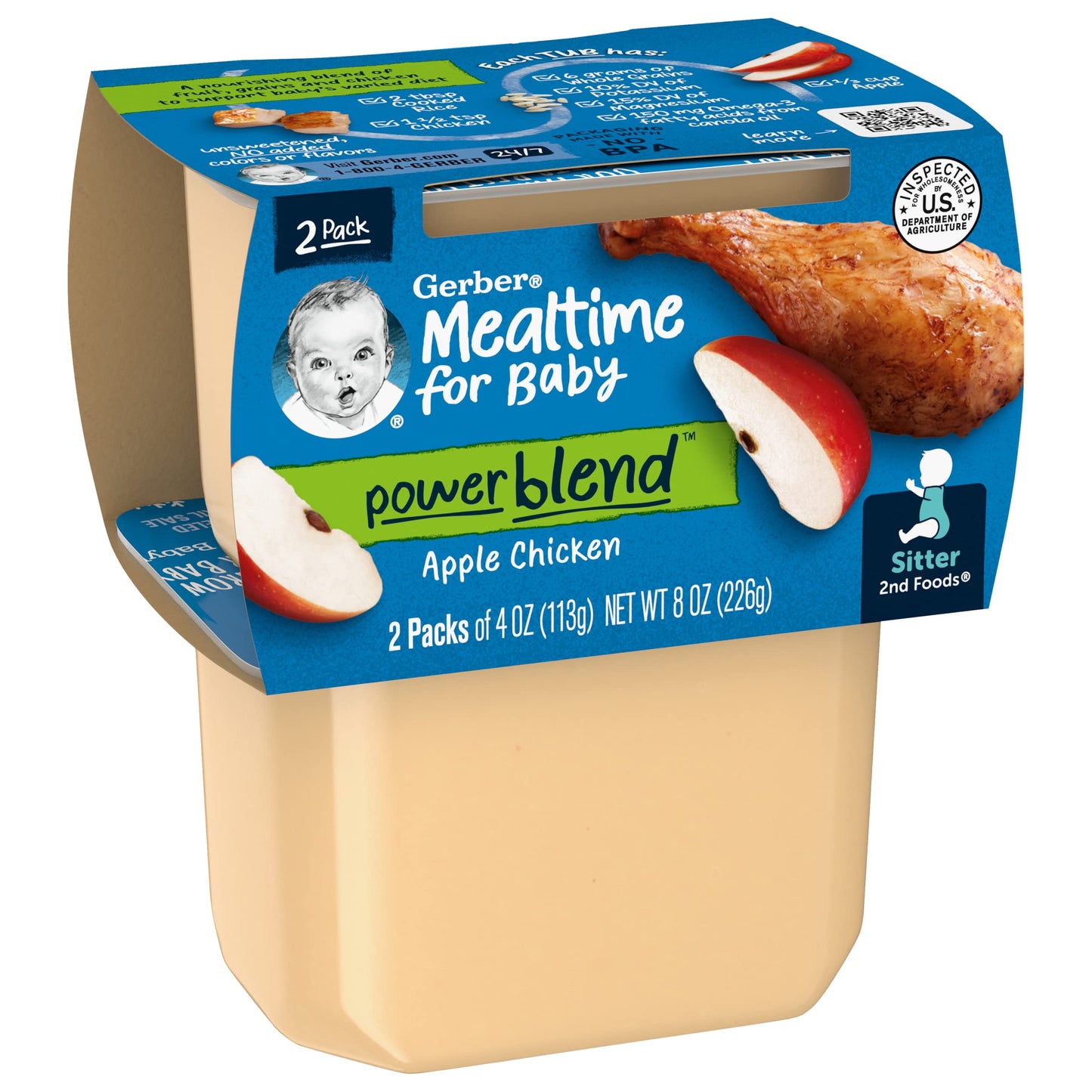 Gerber Mealtime For Baby 2Nd Foods Powerblend Baby Food Tubs, Apple Chicken, Unsweetened With No Added Colors Or Flavors, 2-4 Oz Tubs/Pack (Pack Of 10)